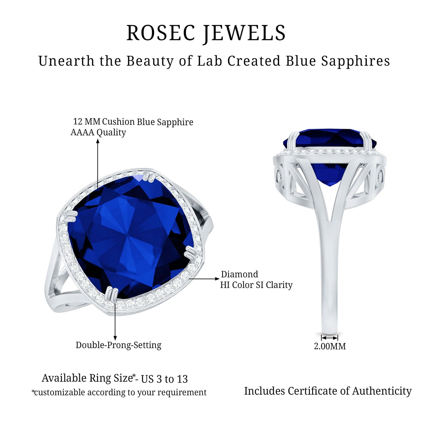 Cushion Cut Lab Grown Blue Sapphire Engagement Ring with Diamond