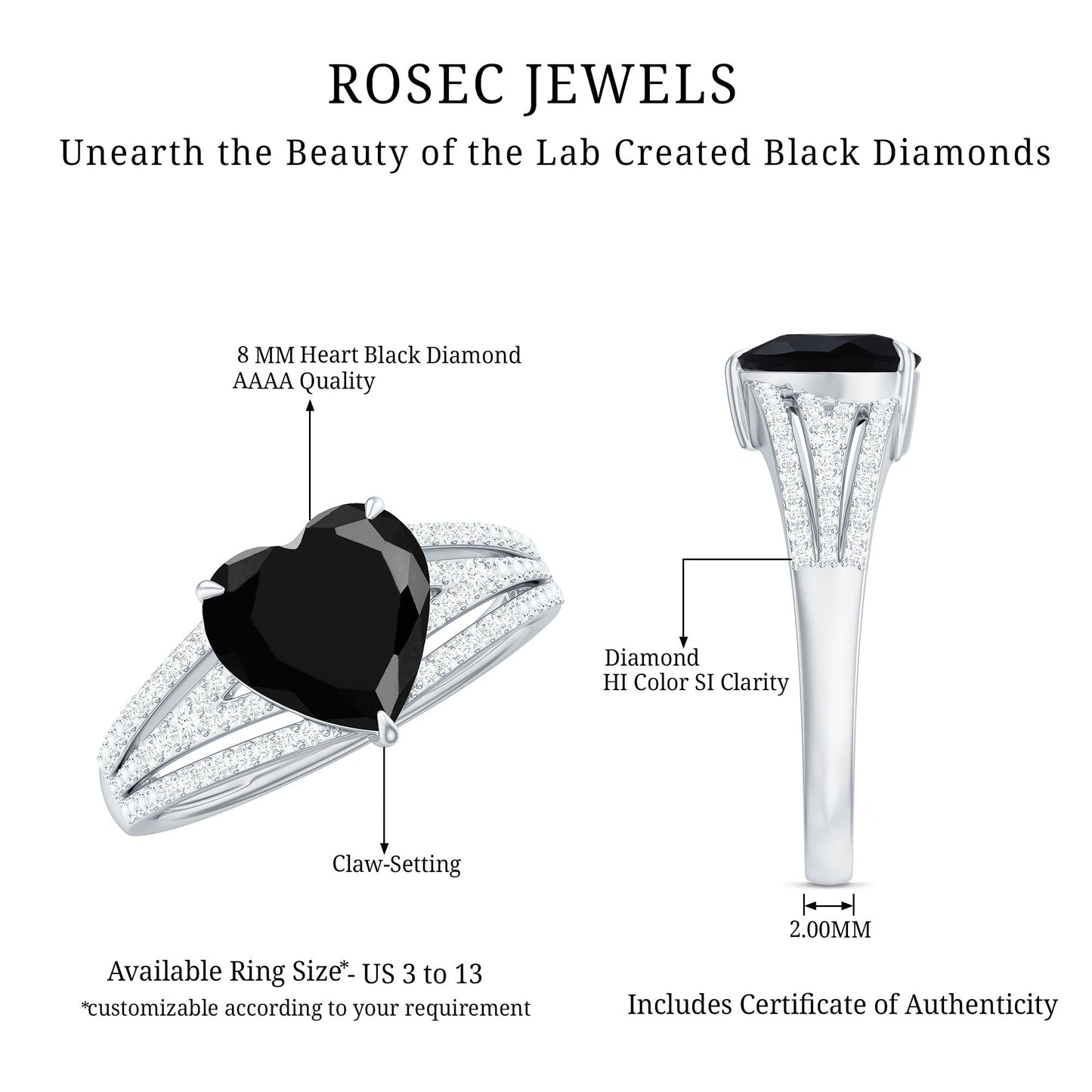 Certified 2.4 Carat Lab Grown Black Diamond Heart Engagement Ring with White Diamond Split Shank