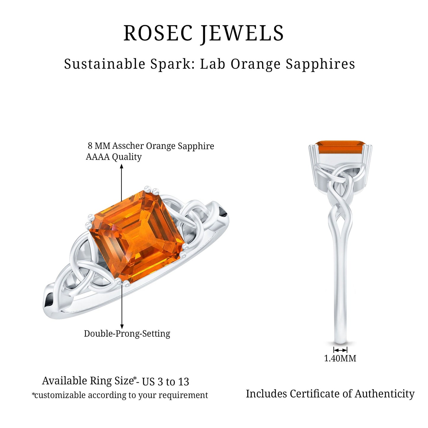 4.8 Carat Asscher Cut Lab Grown Orange Sapphire Engagement Ring with Celtic Knot