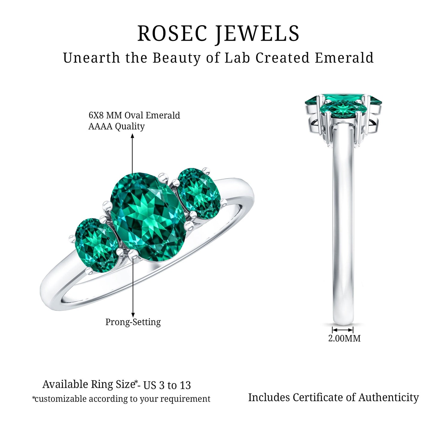 AAAA Quality Oval Cut Lab Created Emerald Three Stone Ring for Women