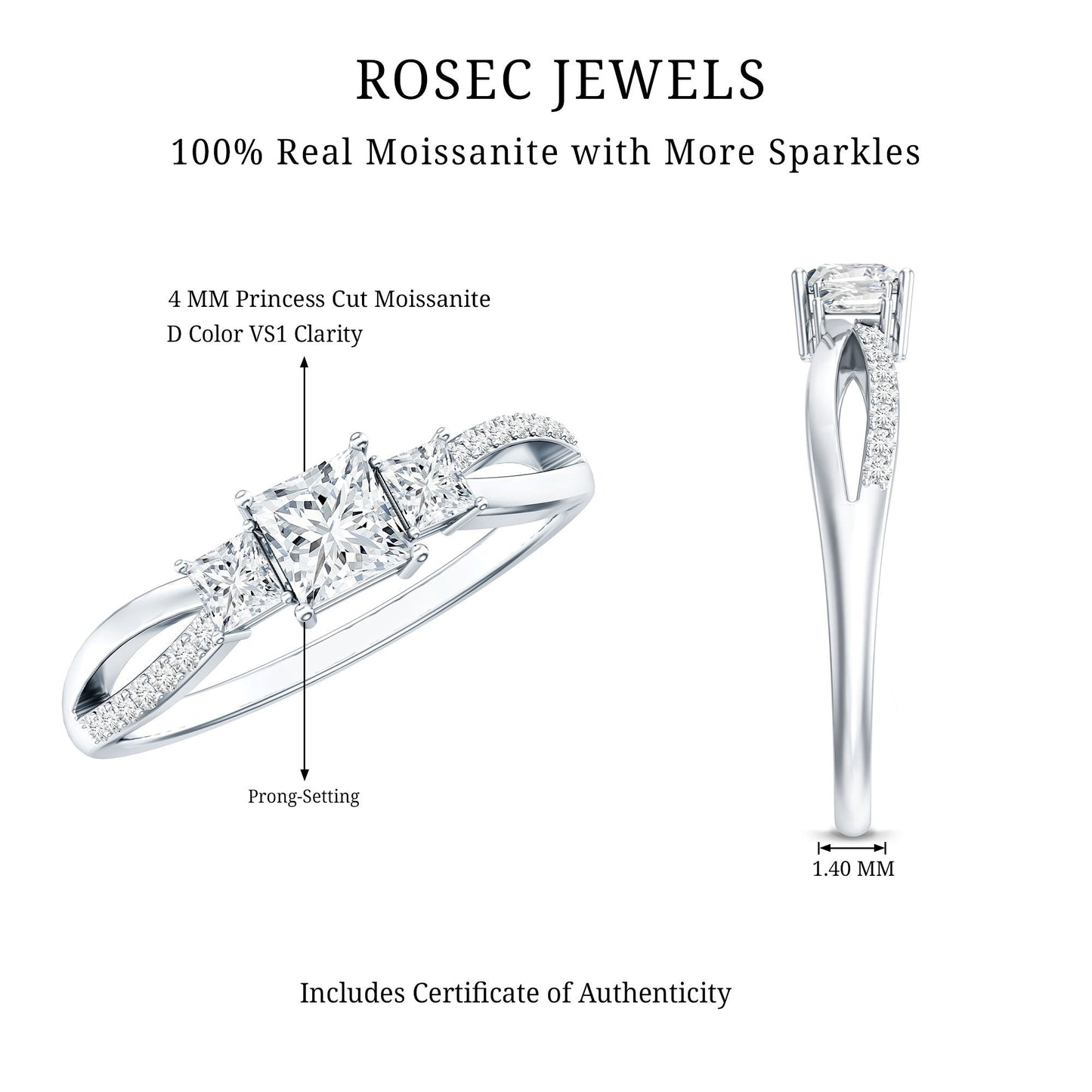 Princess Cut Moissanite Three Stone Engagement Ring