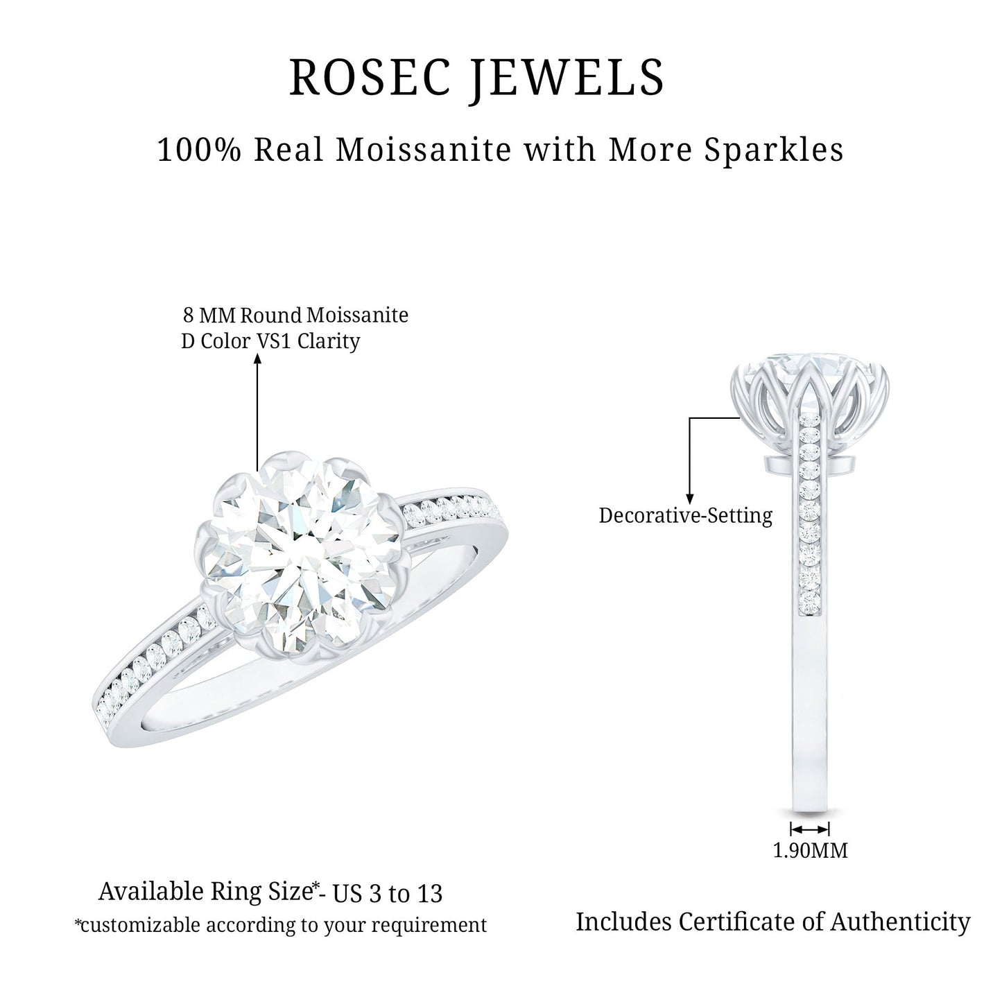 Round Moissanite Lotus Engagement Ring with Side Stones