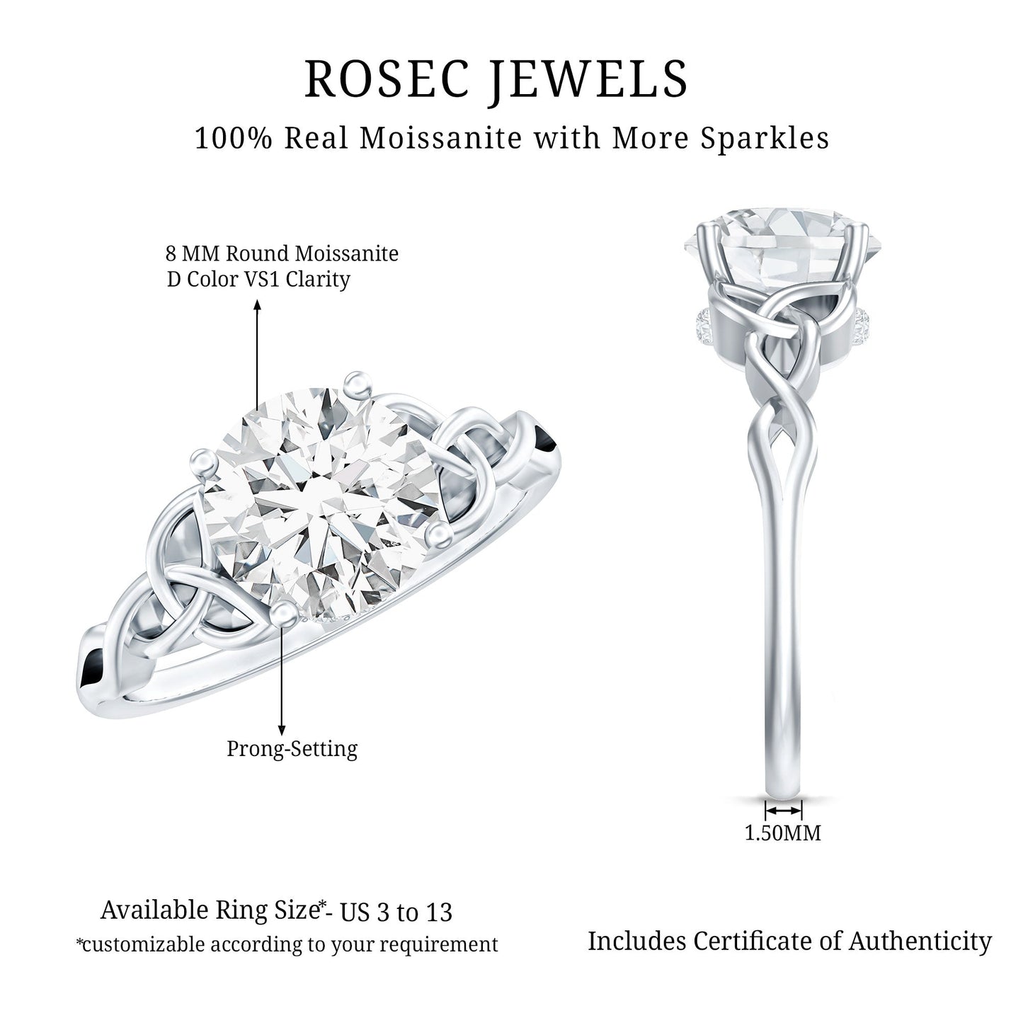 Round Moissanite Solitaire Engagement Ring with Celtic Details
