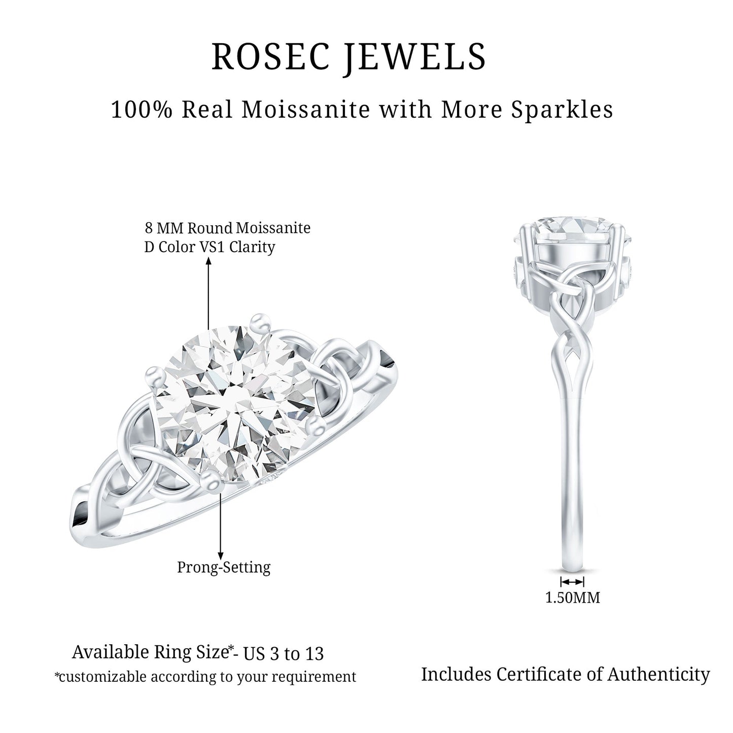 Certified Solitaire Moissanite Celtic Design Engagement Ring