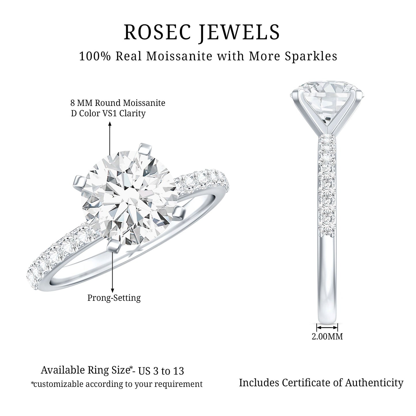 Certified Round Moissanite Solitaire Engagement Ring For Her