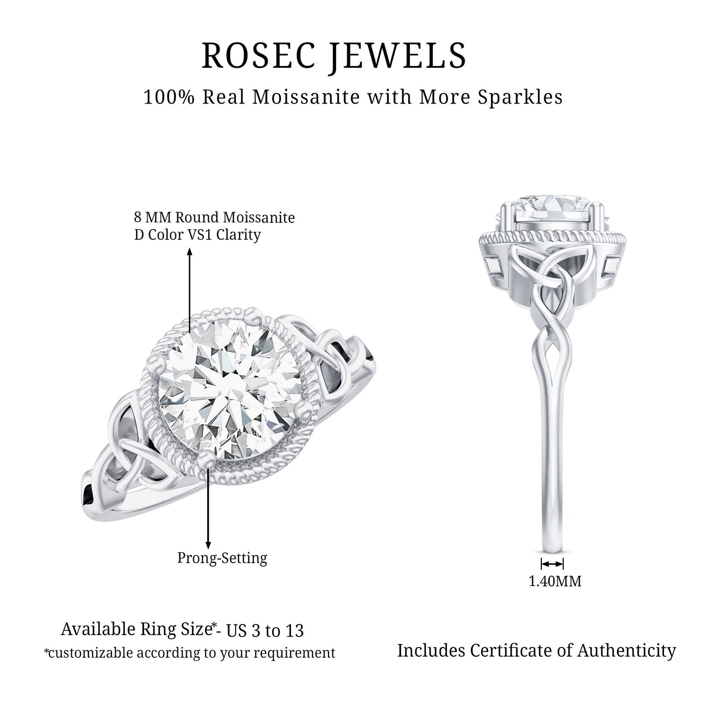 Brilliant Cut Moissanite Engagement Ring with Rope Frame