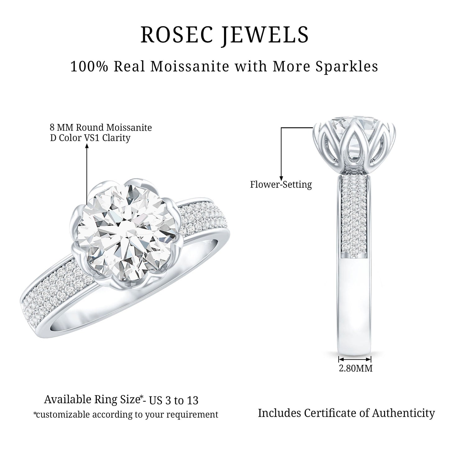 Lotus Basket Set Moissanite Engagement Ring with Side Stones