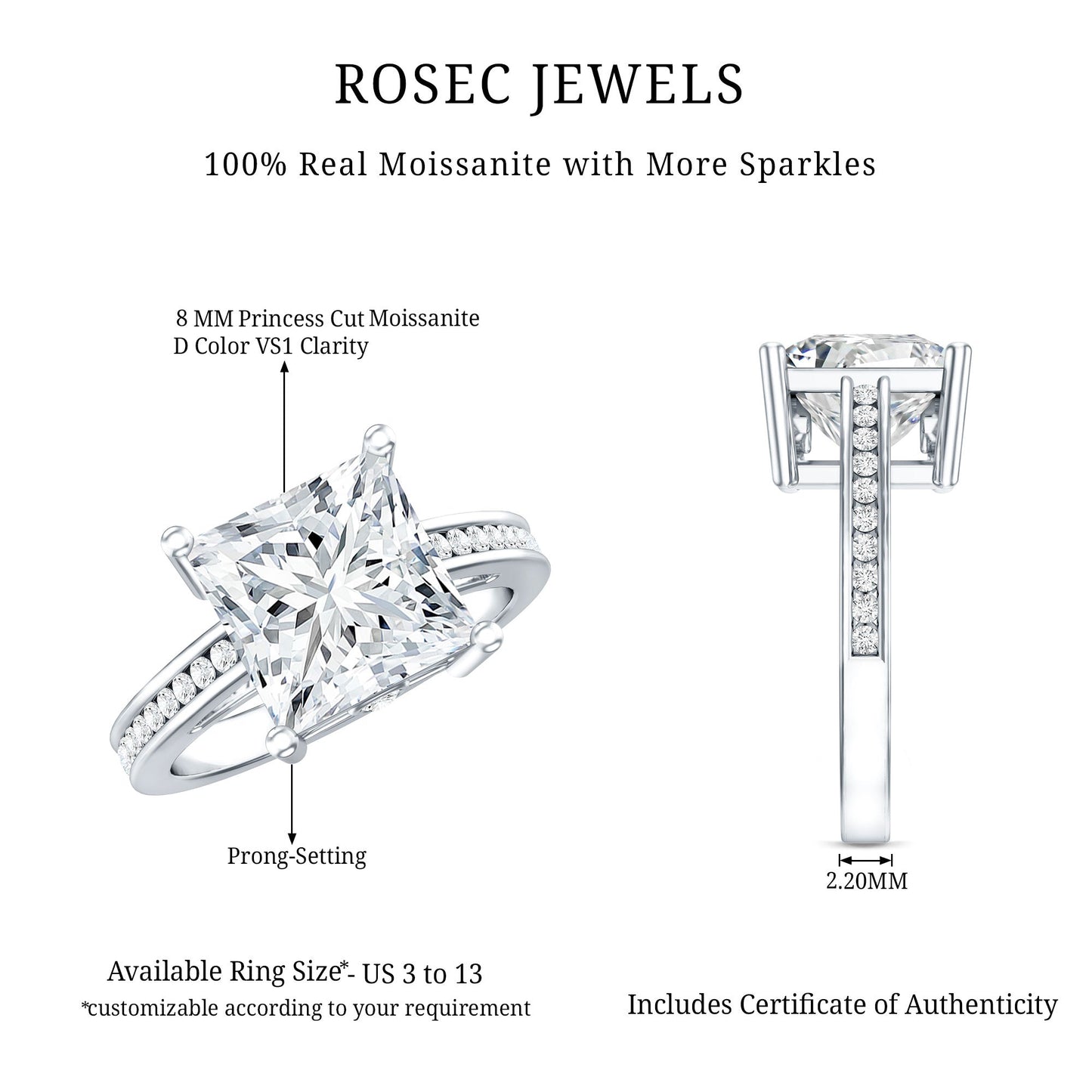 Solitaire Moissanite Princess Cut Engagement Ring with Side Stones