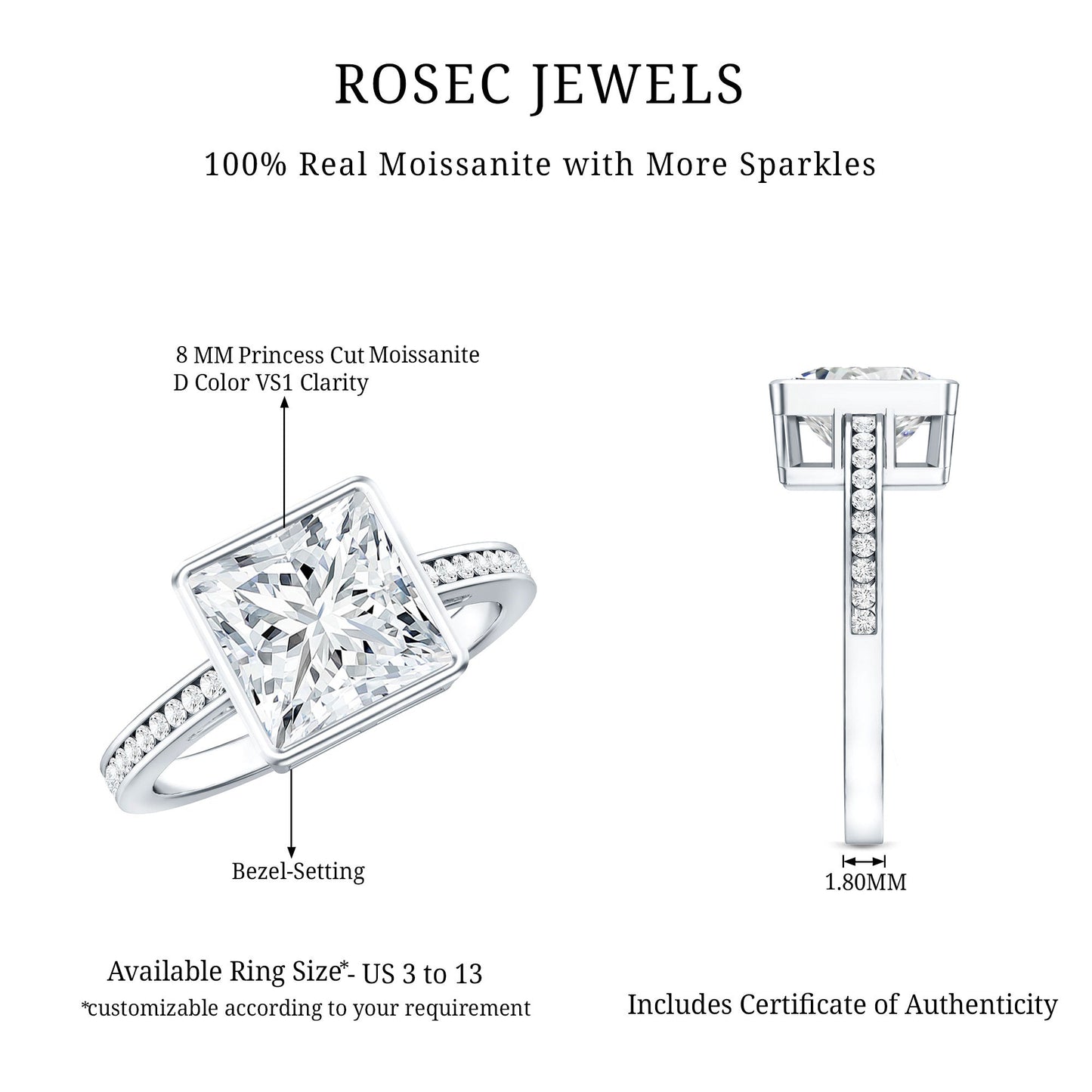 3 CT Moissanite Bezel Set Engagement Ring with Channel Set
