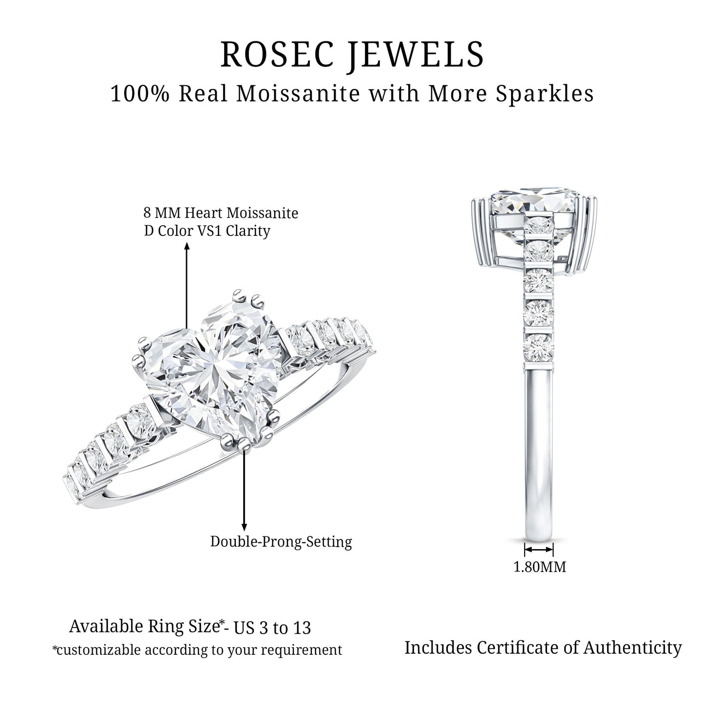 Certified 2 Carat Moissanite Heart Engagement Ring with Side Stones