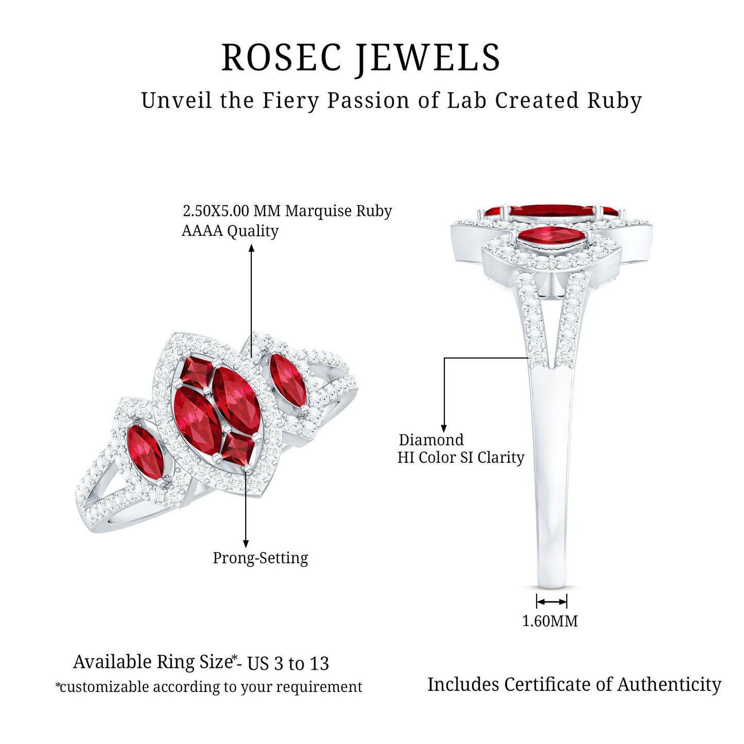 Certified Lab Created Ruby and Diamond Cluster Engagement Ring in Split Shank