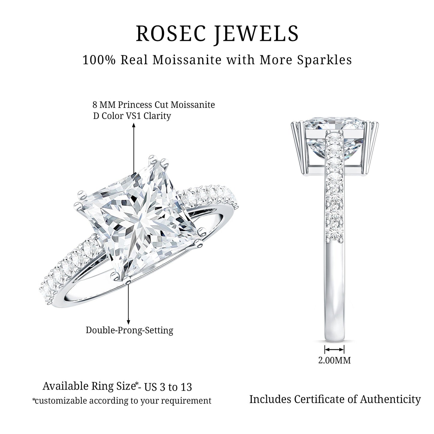 3 Carat Moissanite Princess Cut Engagement Ring With Double Prongs