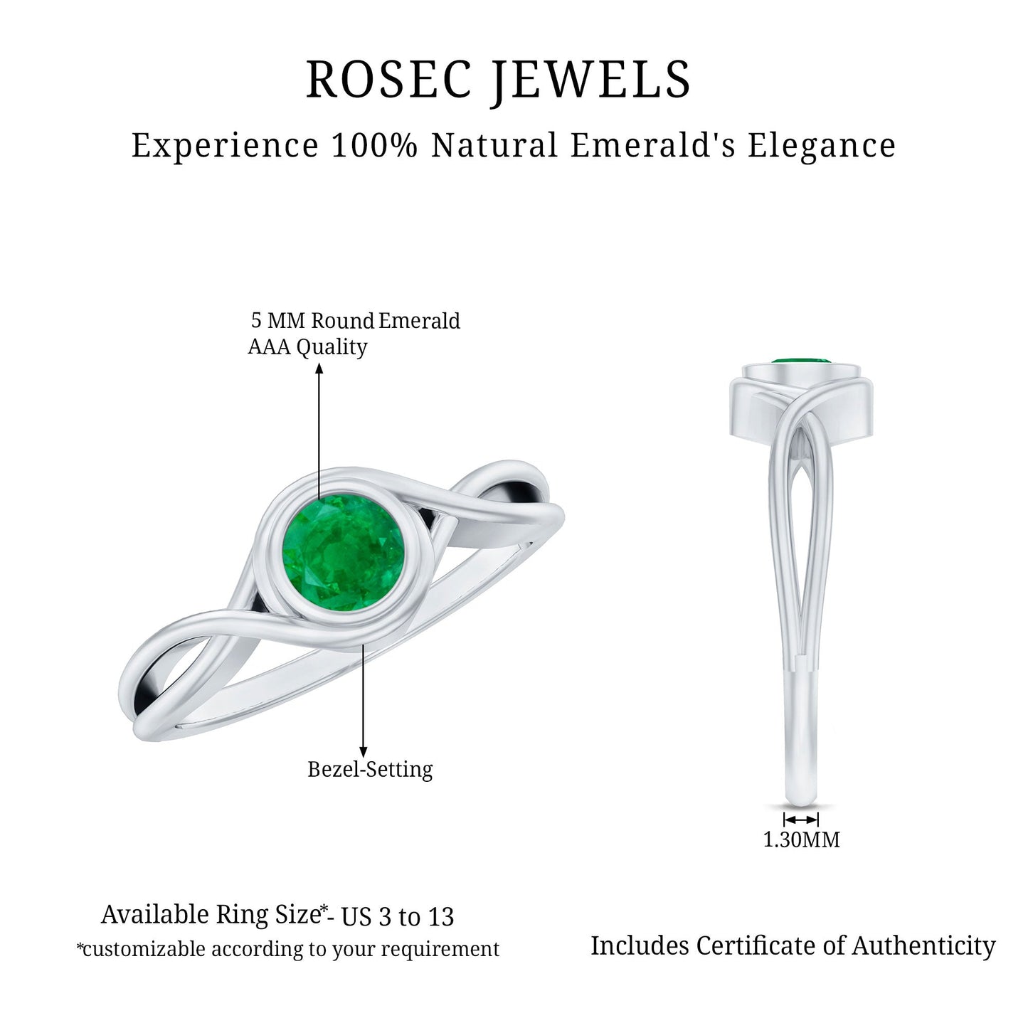 Round Cut Emerald Solitaire Ring with Crossover Band