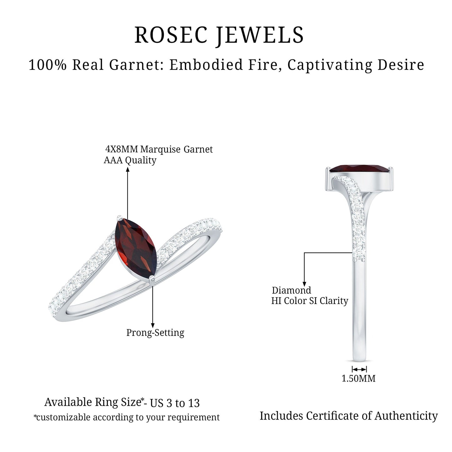 Natural Marquise Garnet Promise Ring with Diamond Bypass Shank