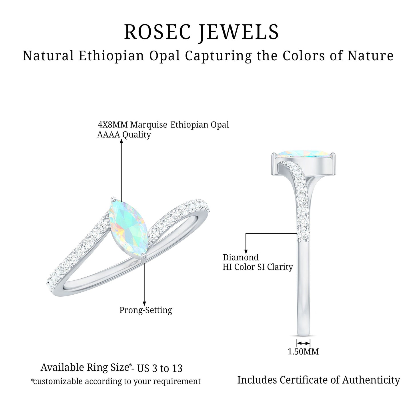 Natural Marquise Ethiopian Opal Diamond Promise Ring with Bypass Shank