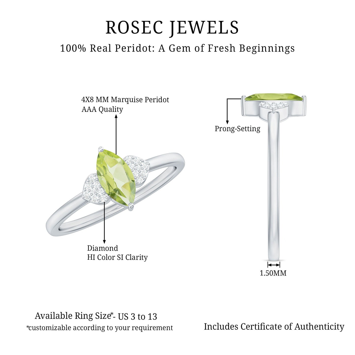 Natural 0.7 Carat Marquise Peridot Promise Ring with Diamond