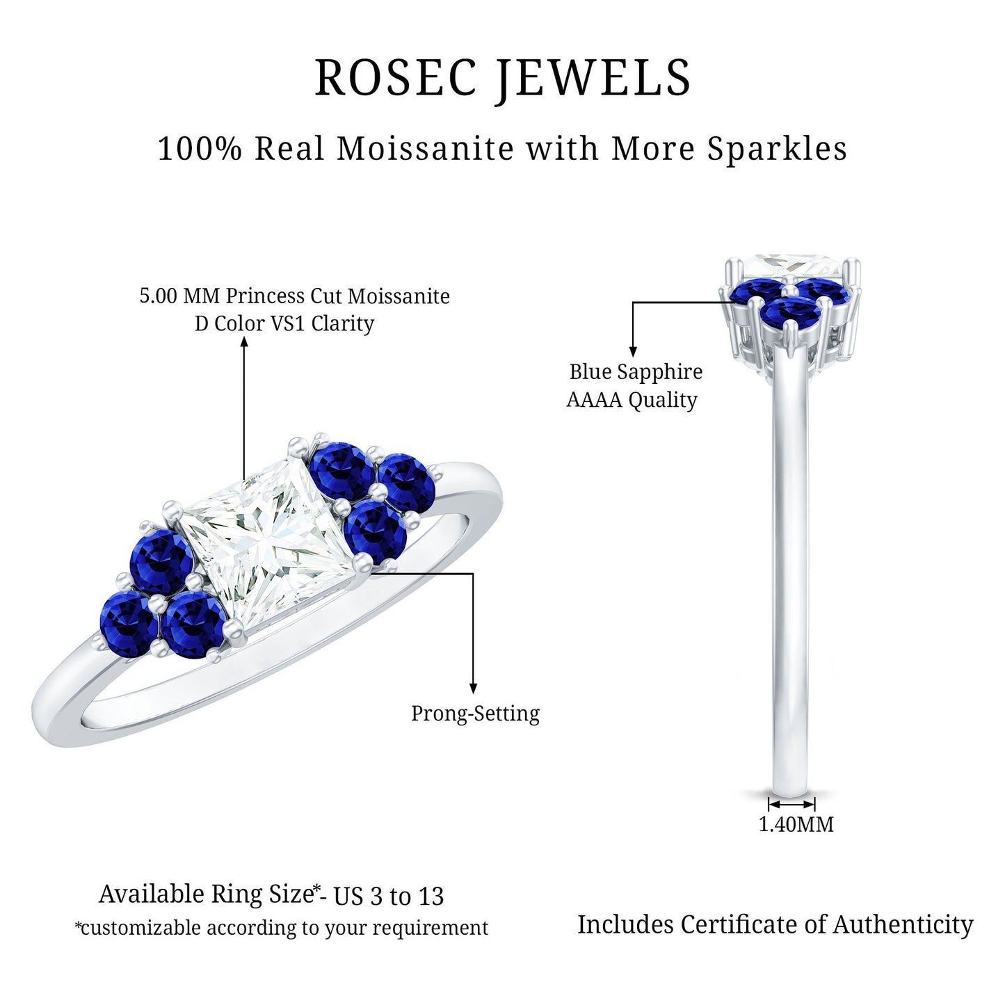 Moissanite Princess Cut Engagement Ring With Lab Grown Blue Sapphire