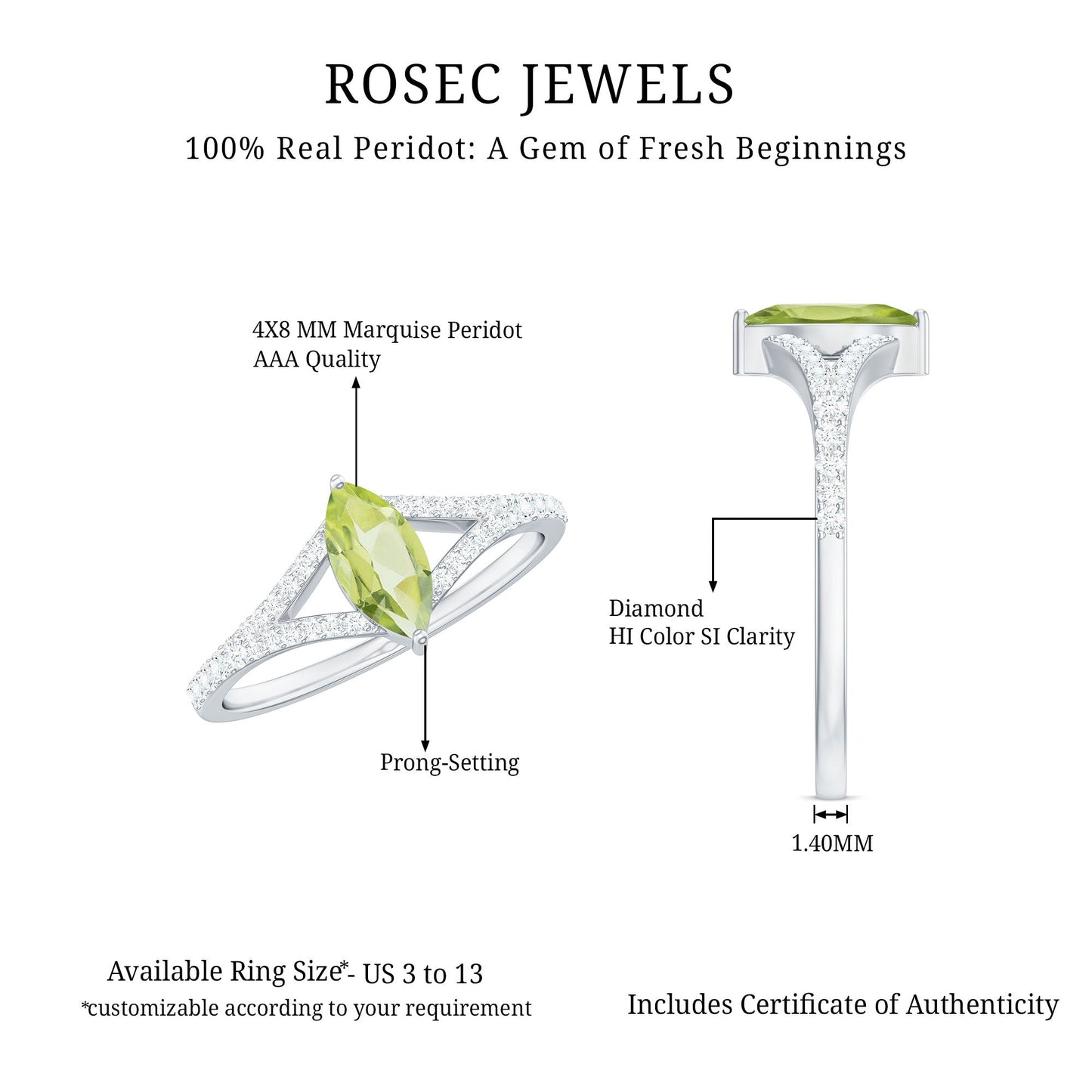 Natural 0.7 Carat Marquise Shape Peridot Promise Ring with Diamond Split Shank