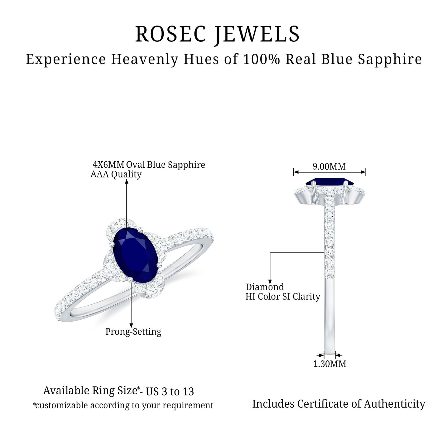 Natural 0.6 Carat Blue Sapphire Oval Engagement Ring with Diamond