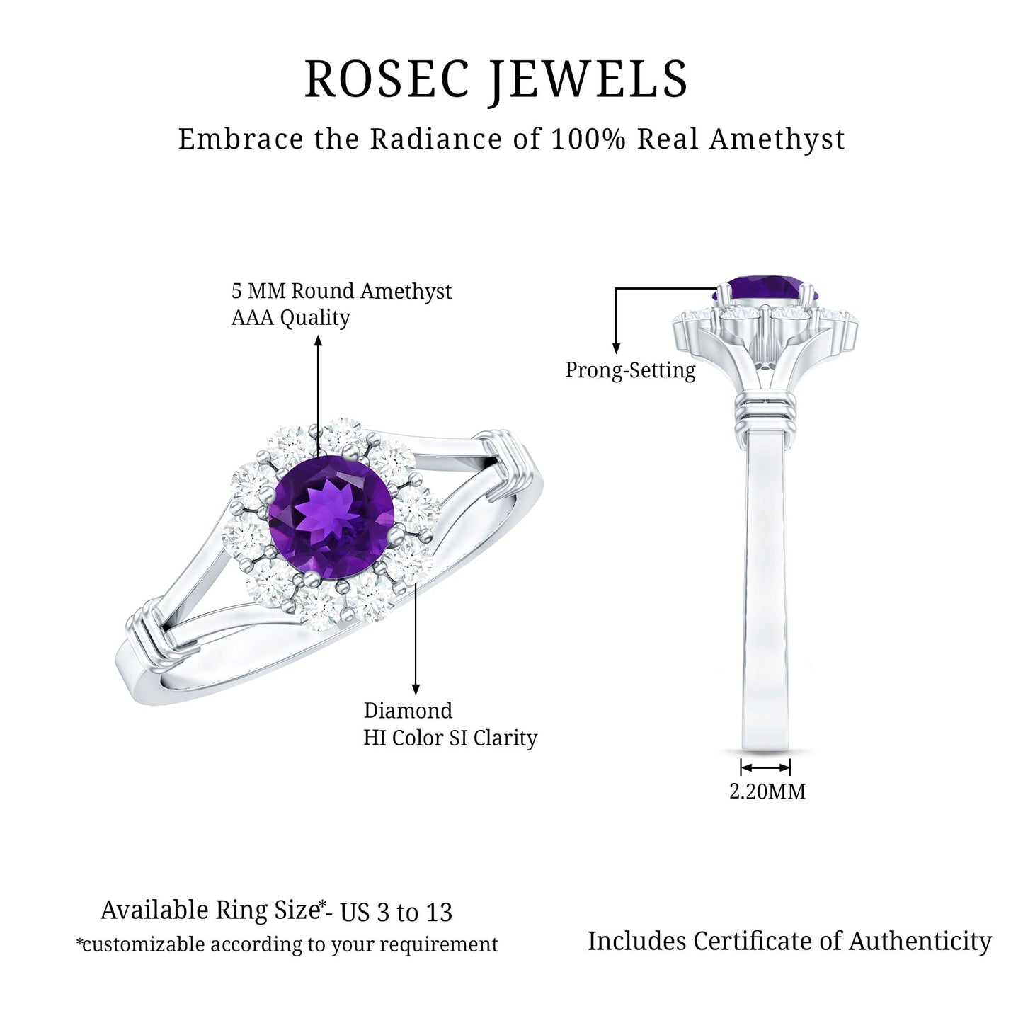 0.45 Carat Amethyst and Diamond Halo Engagement Ring in Split Shank