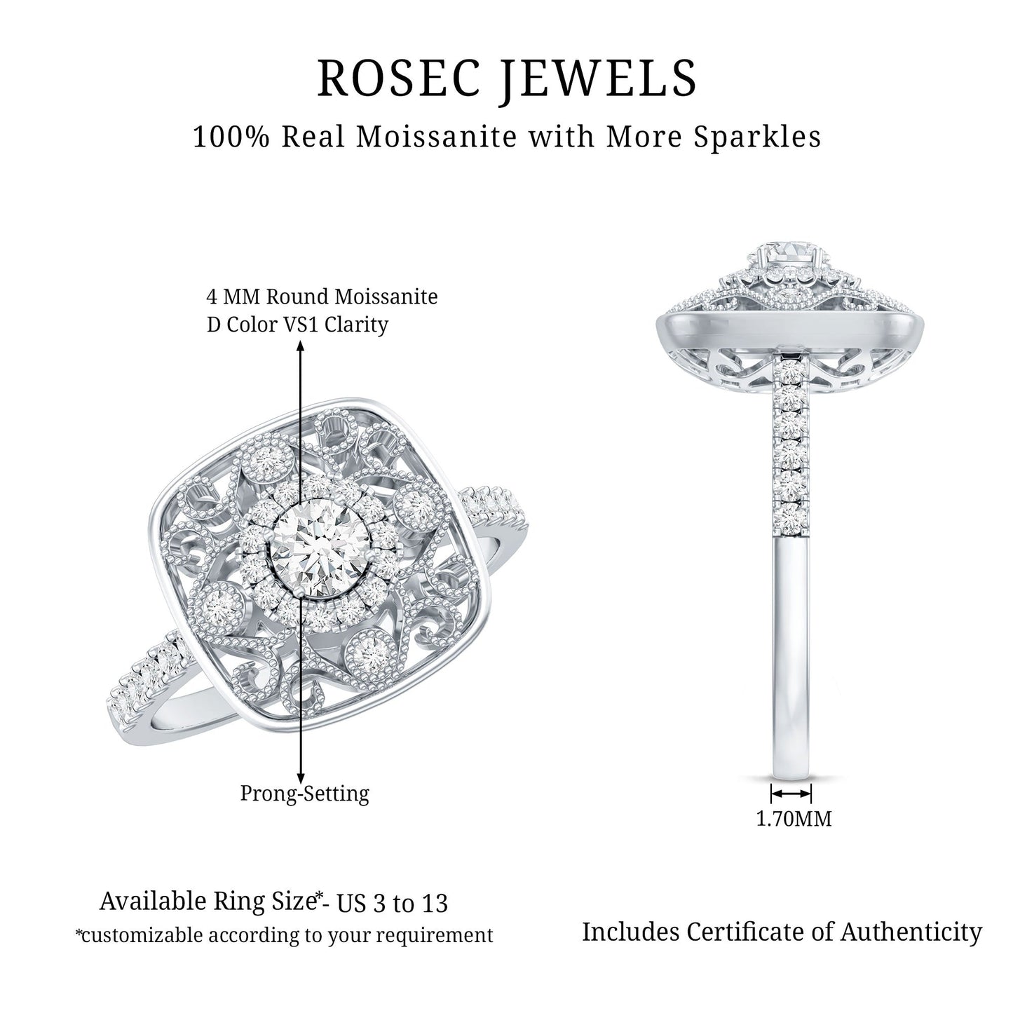 Moissanite Statement Engagement Ring with Milgrain Detailing