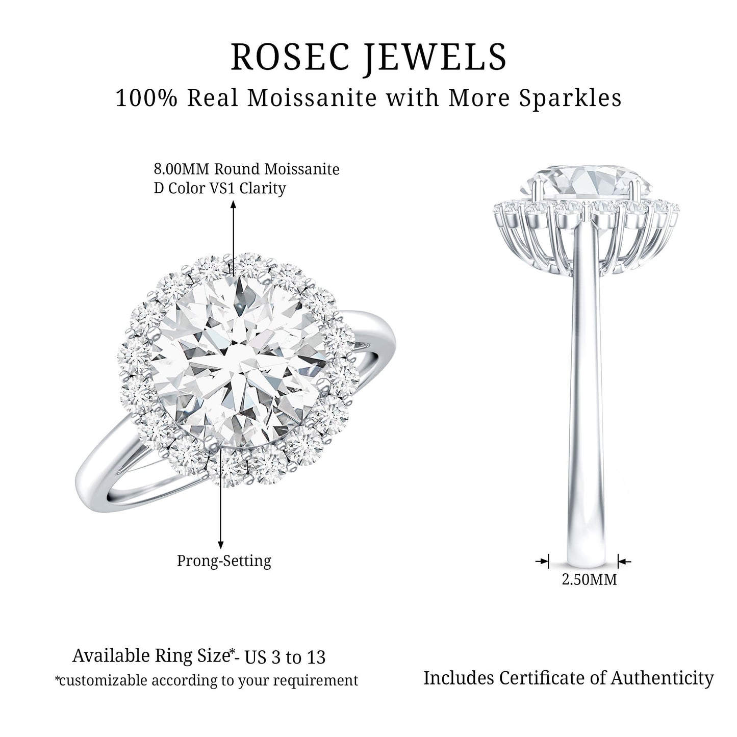 Classic Round Cut Moissanite Big Engagement Ring