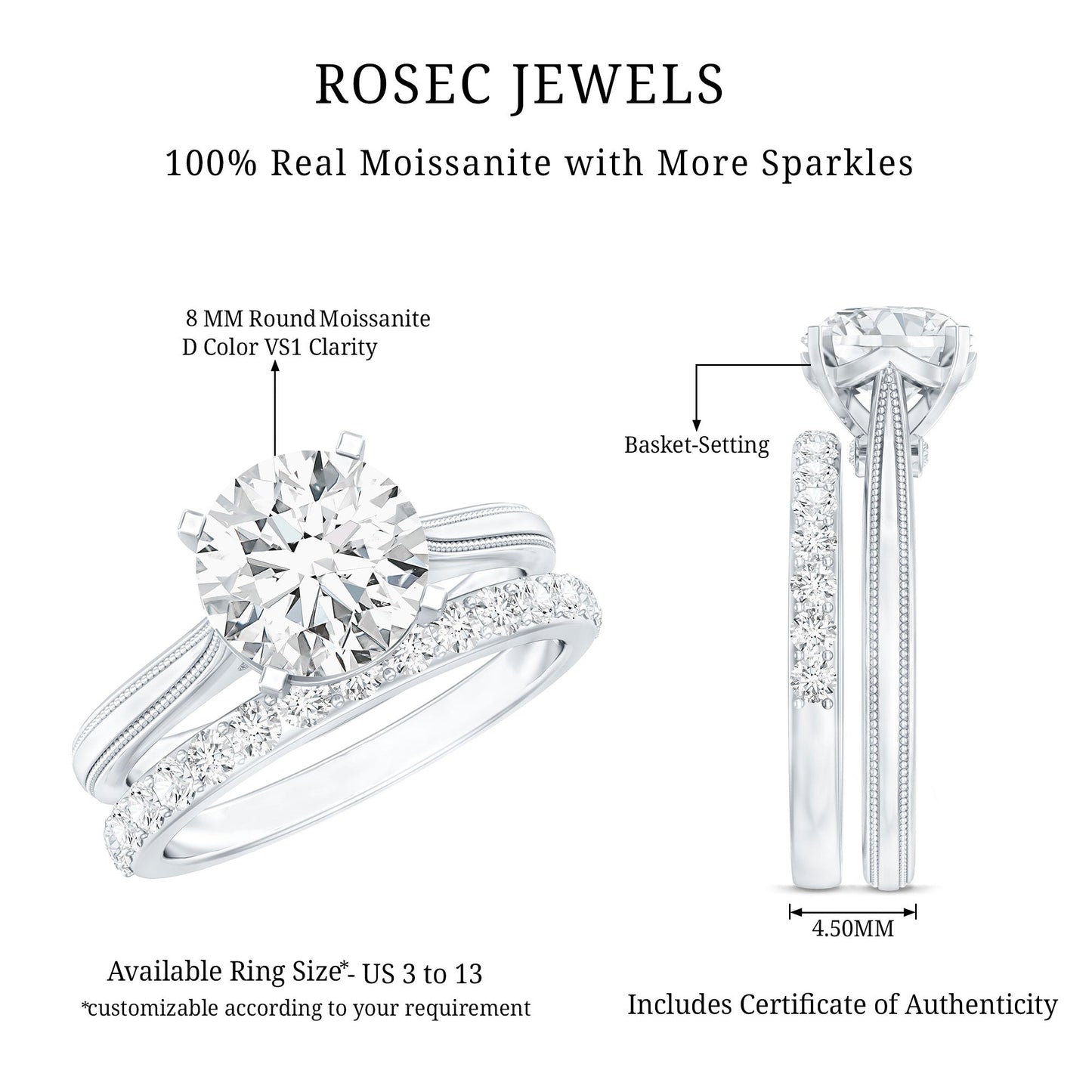 Brilliant Cut Moissanite Engagement Ring and Wedding Band