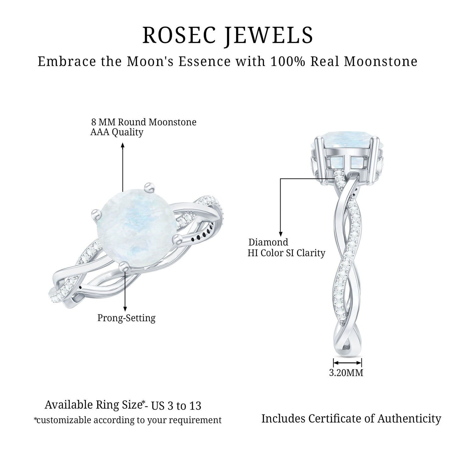 Real 0.85 Carat Moonstone and Diamond Braided Engagement Ring