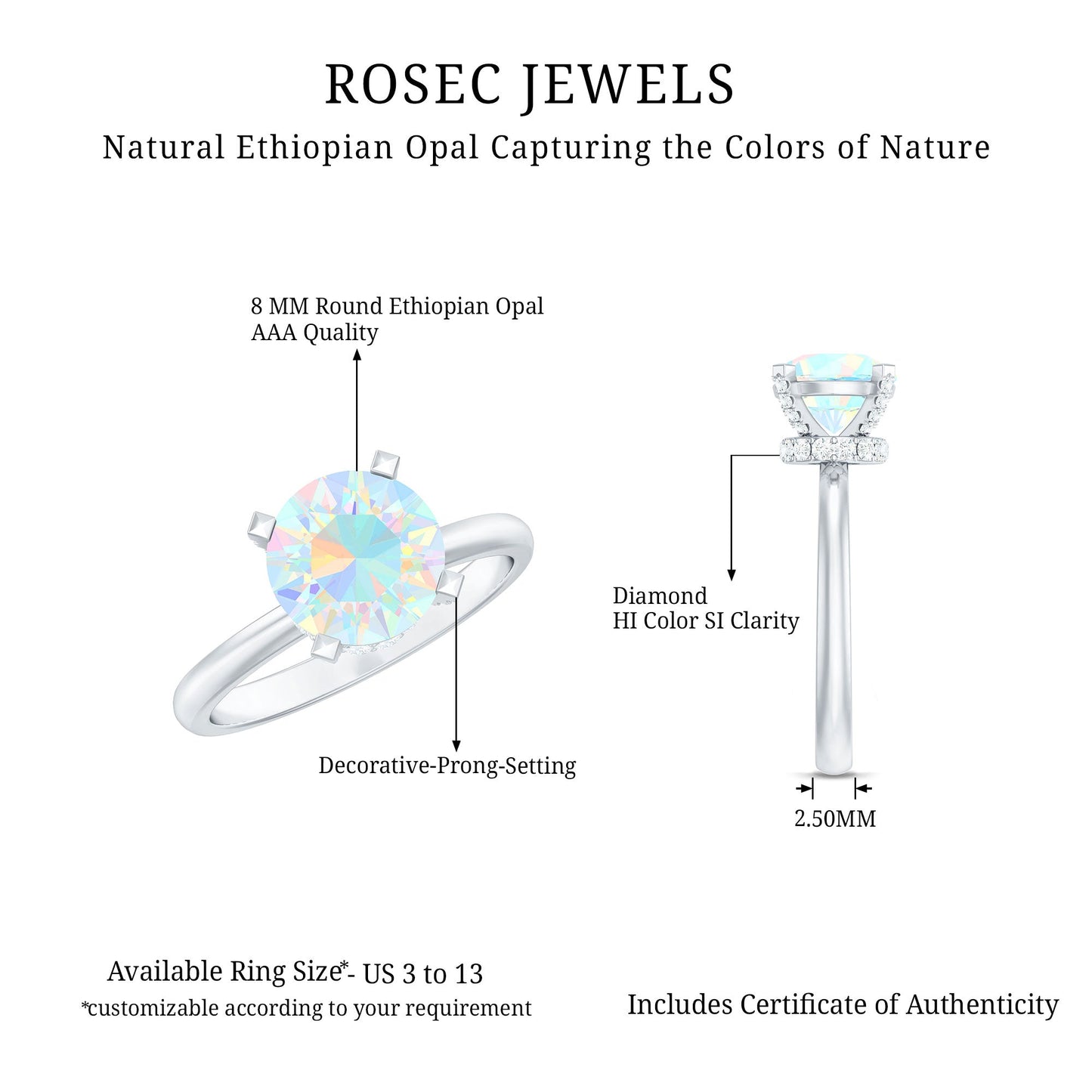 2 Carat Genuine Opalescent Hidden Halo Engagement Ring with Diamond