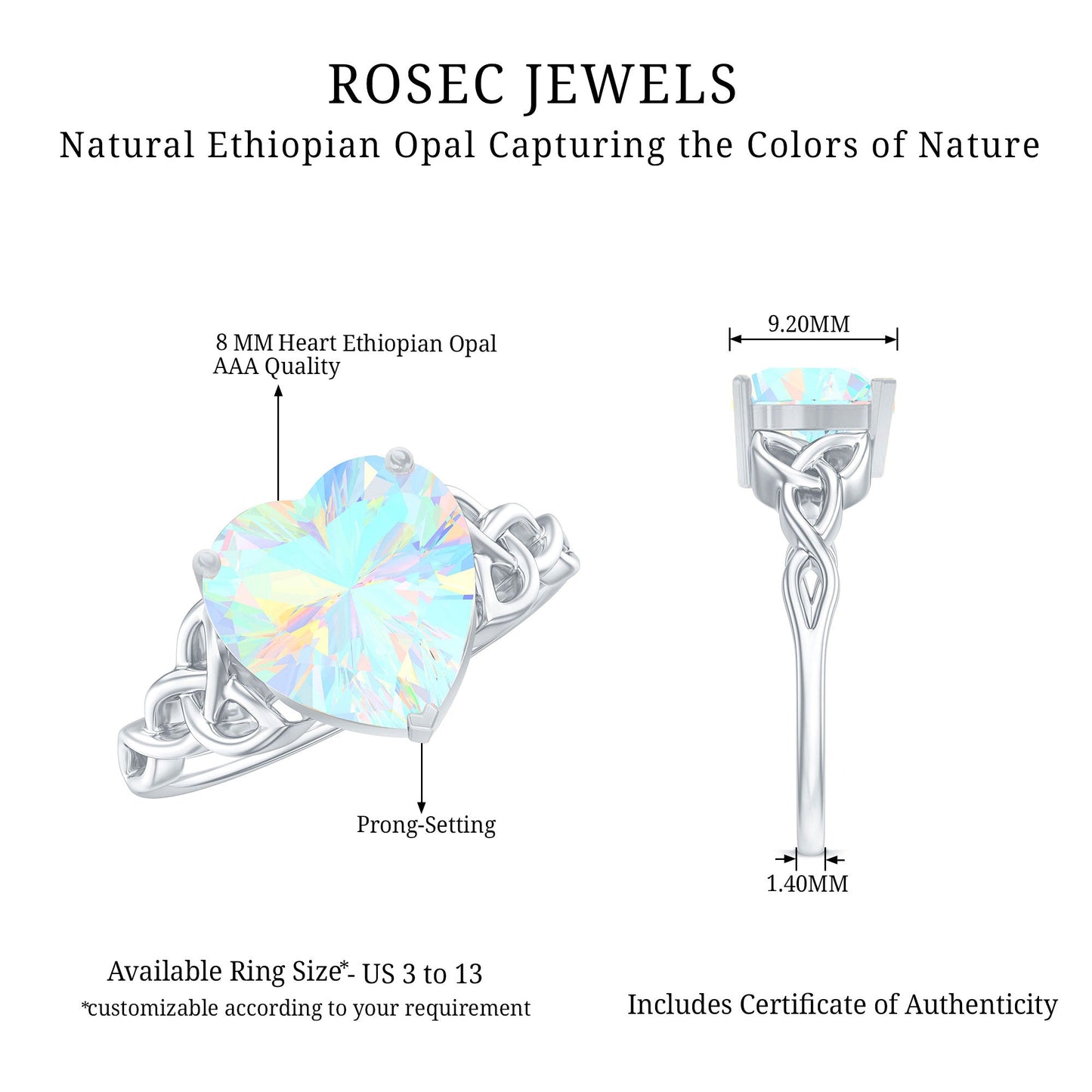 Certified 2 Carat Ethiopian Opal Heart Engagement Ring with Celtic Knot