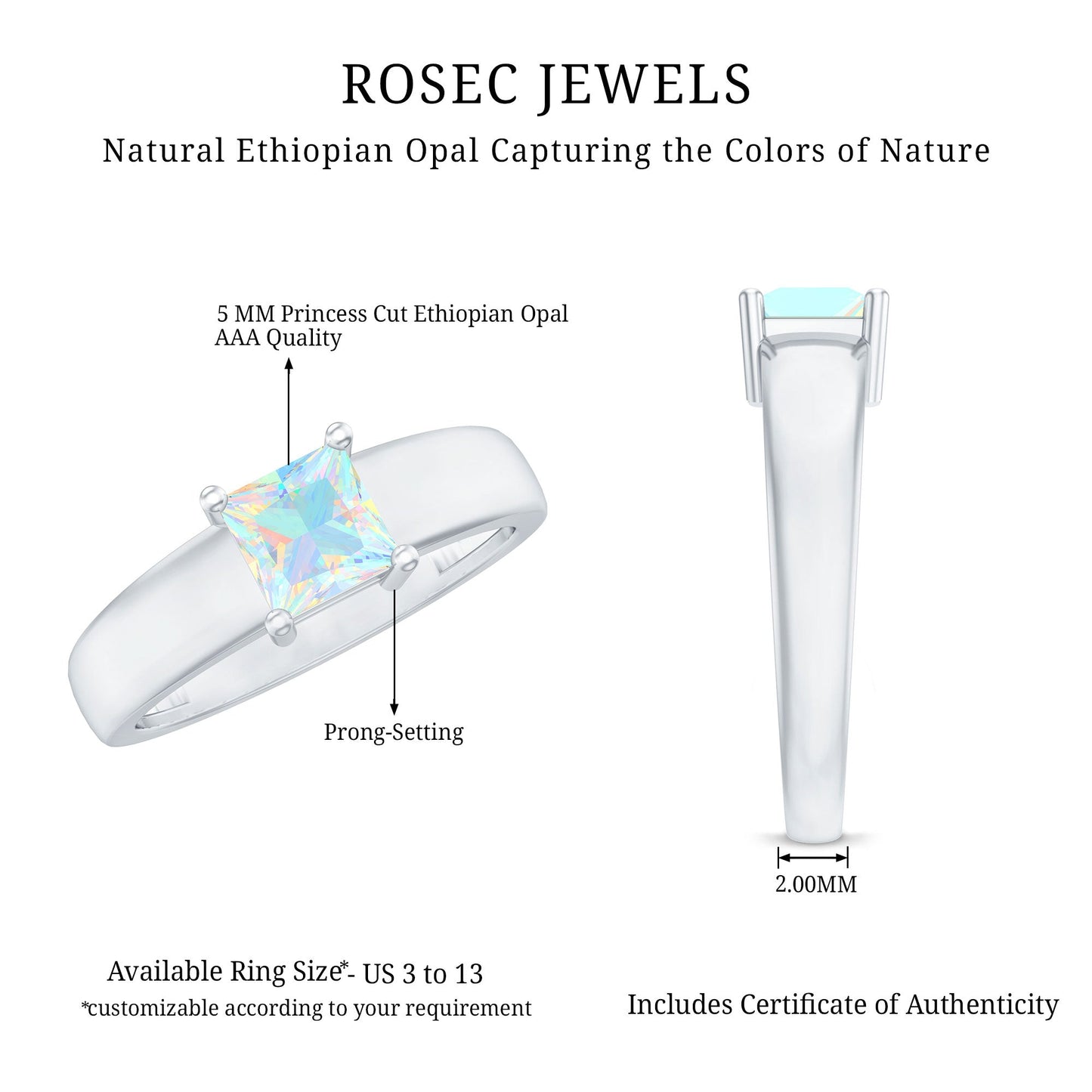 Certified Real Ethiopian Rainbow Opal Princess Cut Engagement Ring
