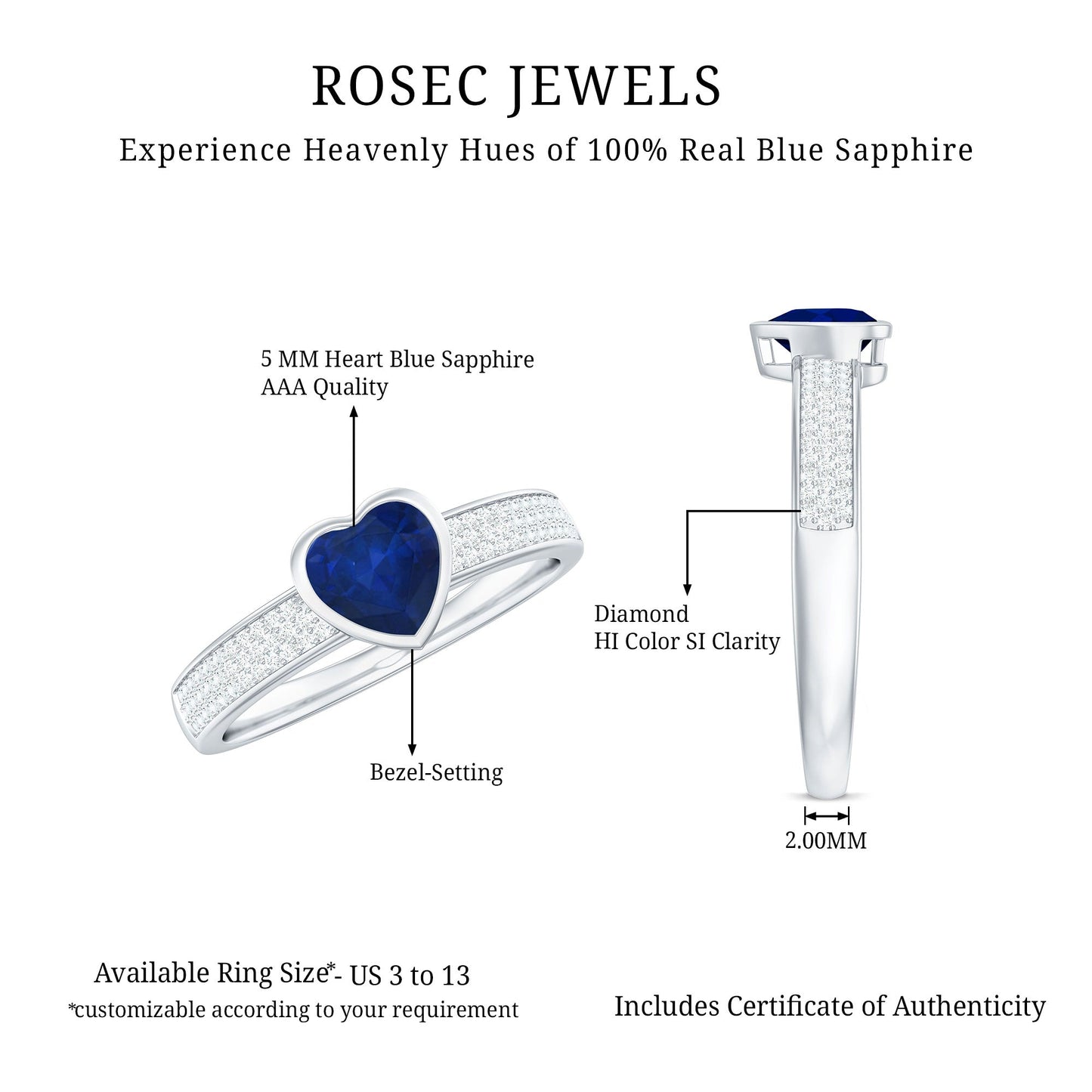 0.6 Carat Blue Sapphire Heart Solitaire Engagement Ring with Pave Diamond