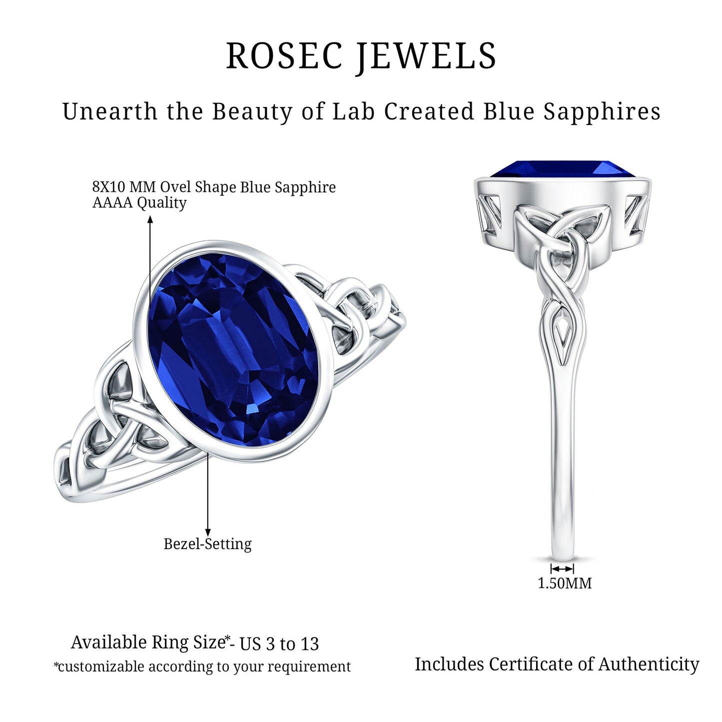 Certified 4 Carat Oval Lab Grown Blue Sapphire Bezel Set Engagement Ring