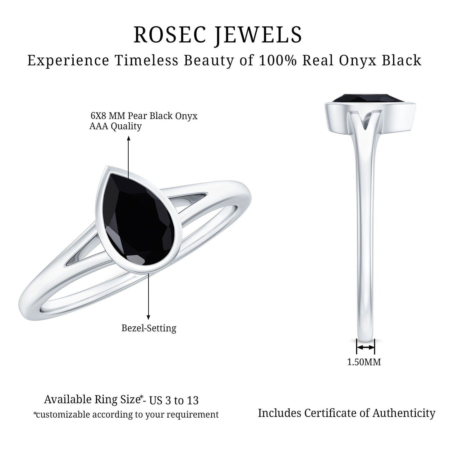Bezel Set Black Onyx Pear Engagement Ring in Split Shank