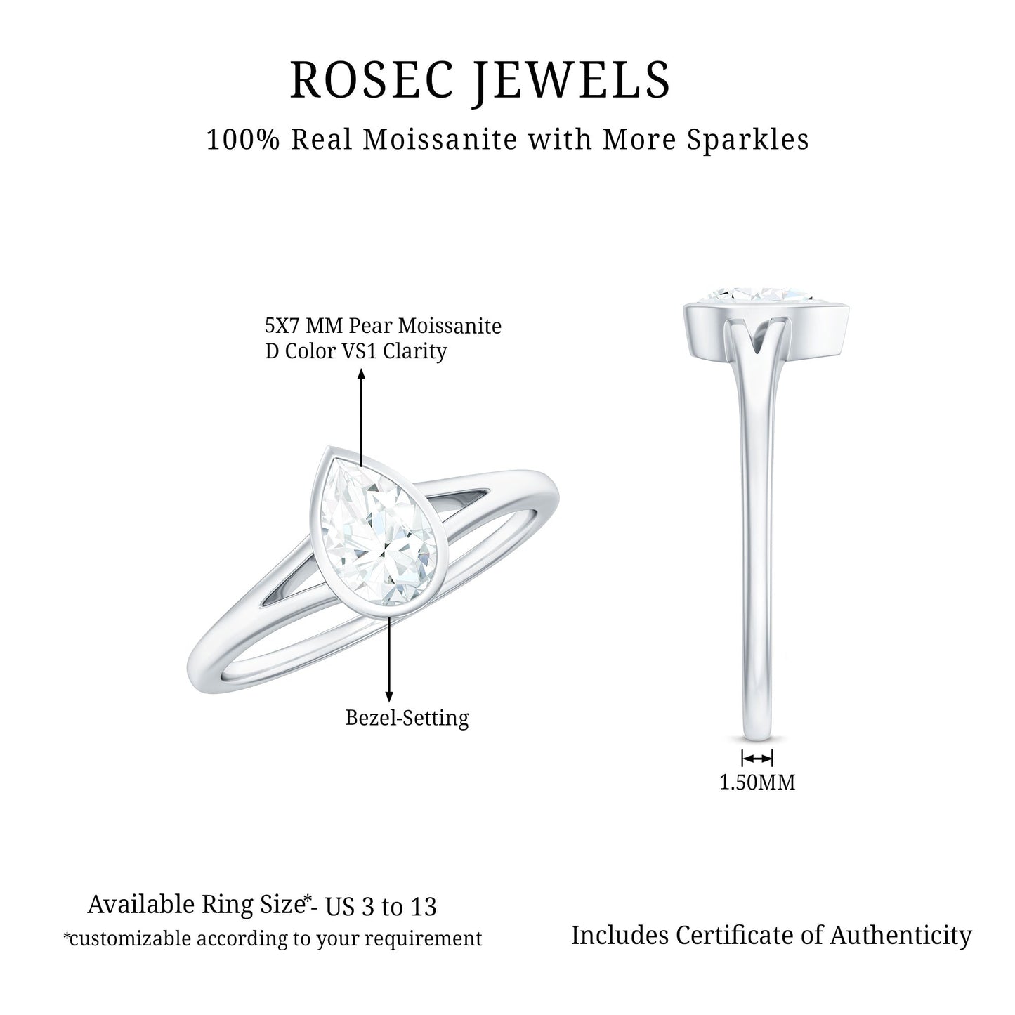 Bezel Set Pear Shaped Moissanite Promise Ring in Split Shank