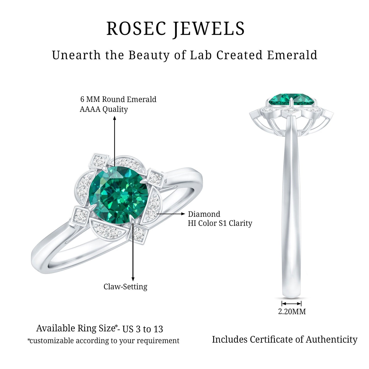 Lab Grown Emerald and Diamond Art Deco Engagement Ring