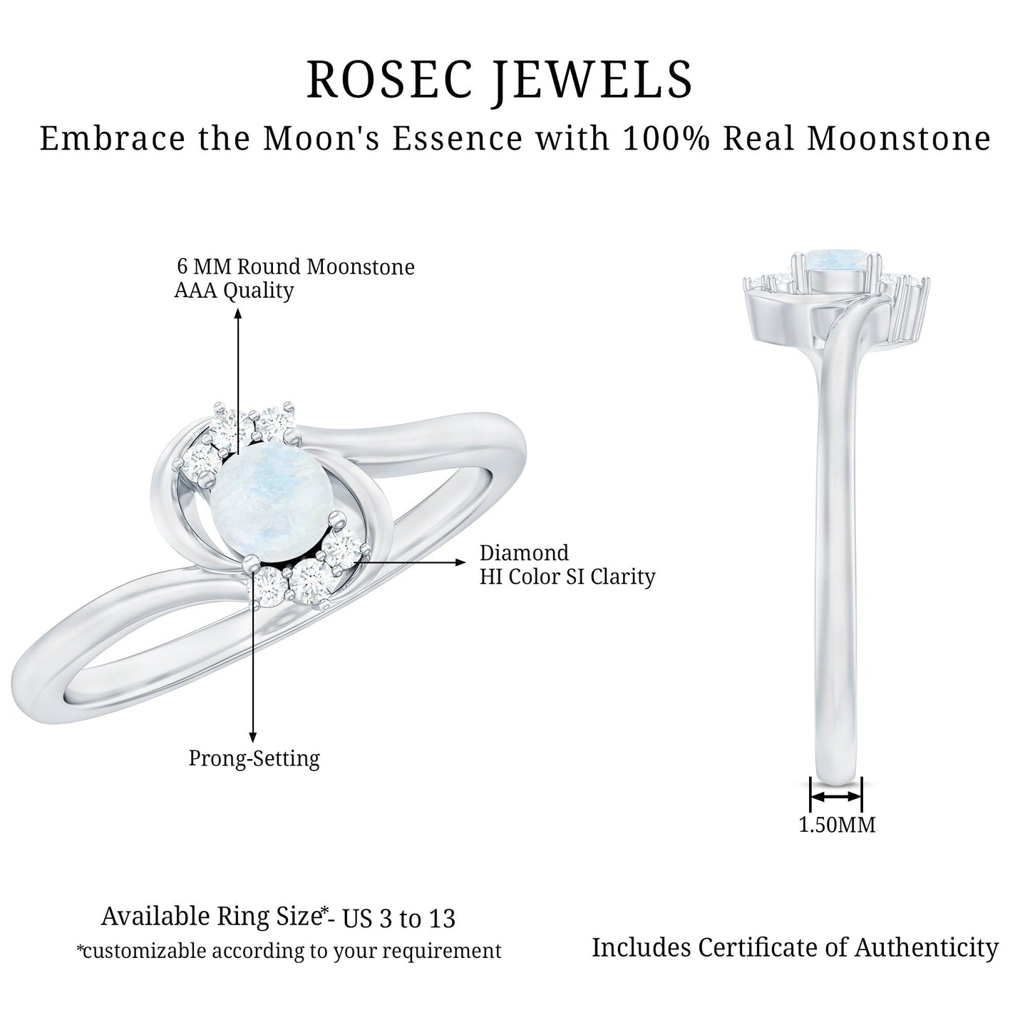 Genuine Moonstone and Diamond Bypass Promise Ring