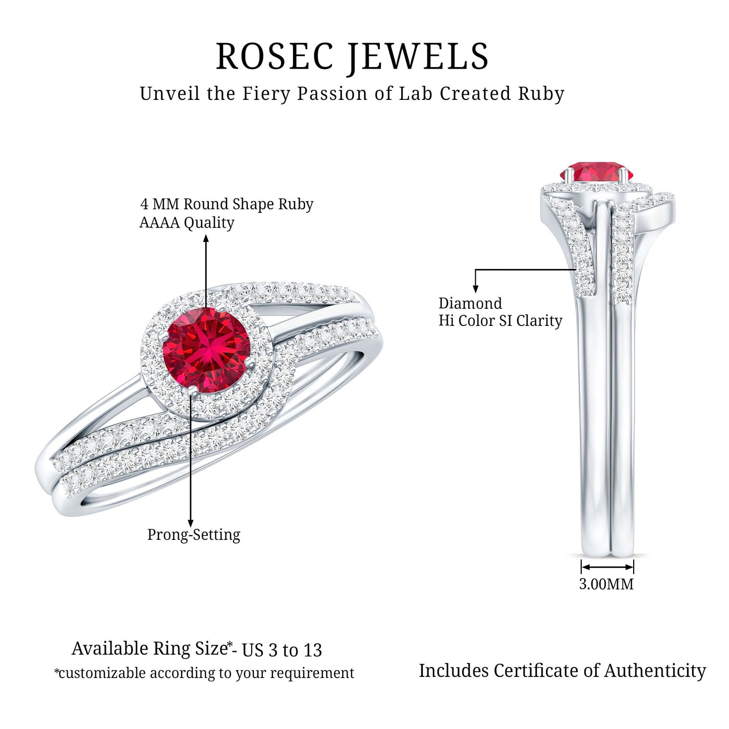 Certified Lab Ruby and Diamond Halo Wedding Ring Set