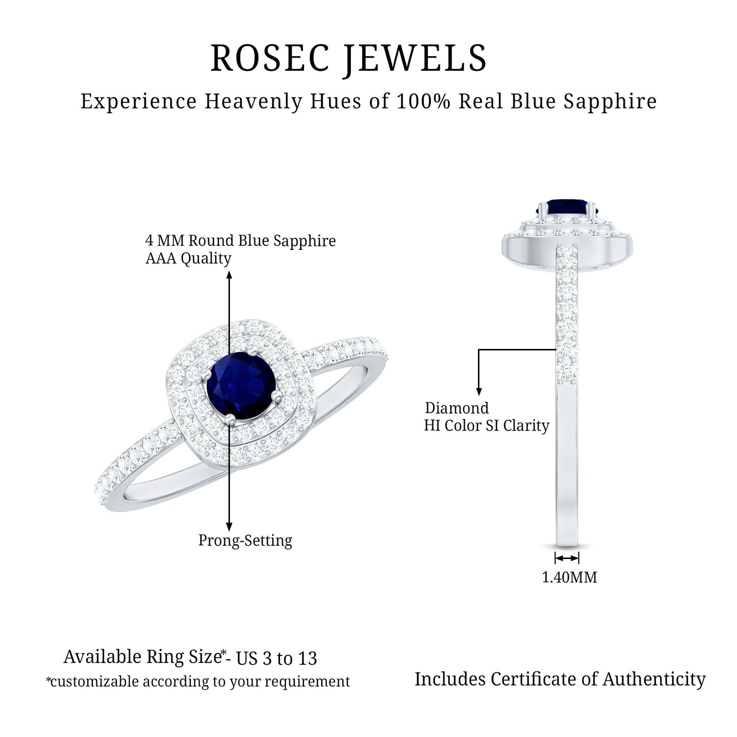 0.4 Carat Classic Blue Sapphire Double Halo Engagement Ring with Diamond