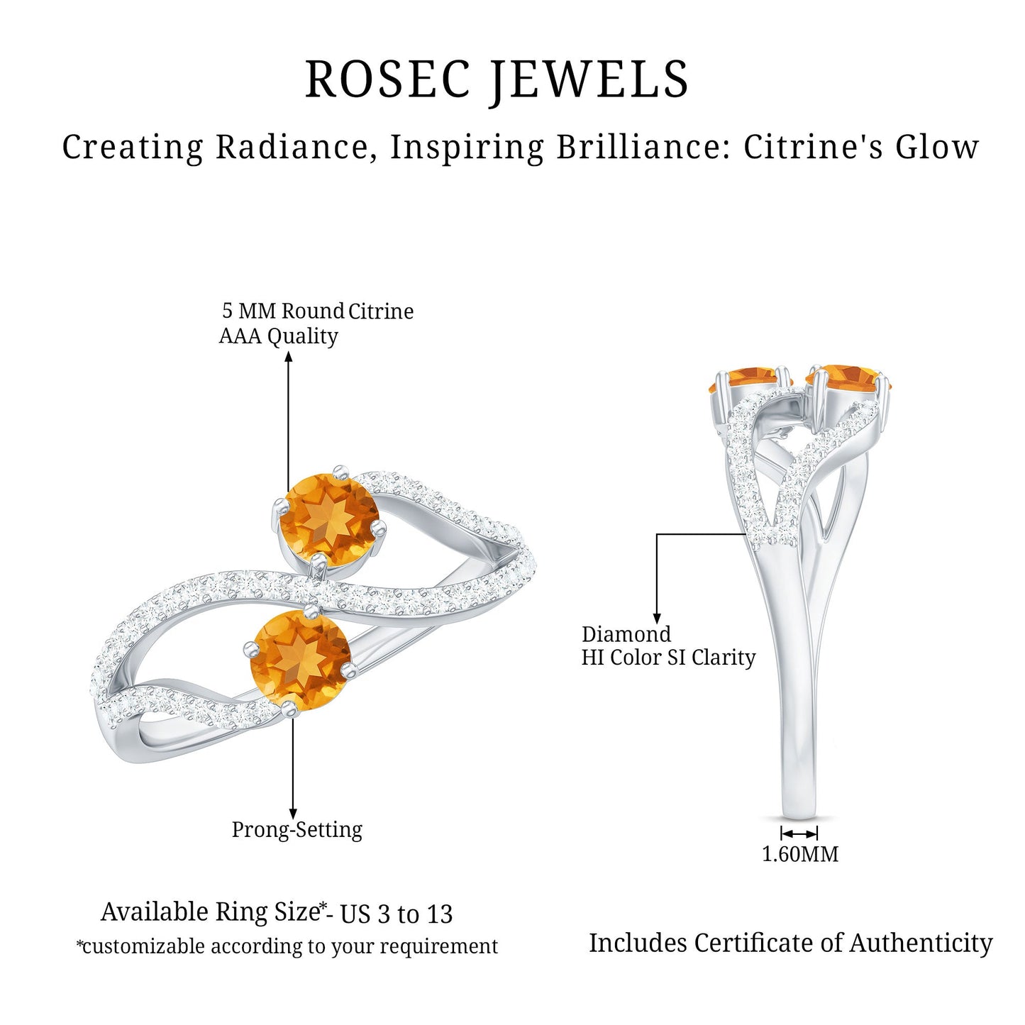 Natural Citrine Toi Et Moi Engagement Ring with Diamond