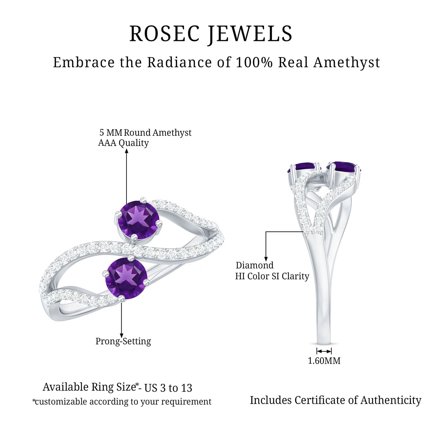Real Amethyst Toi Et Moi Engagement Ring with Diamond