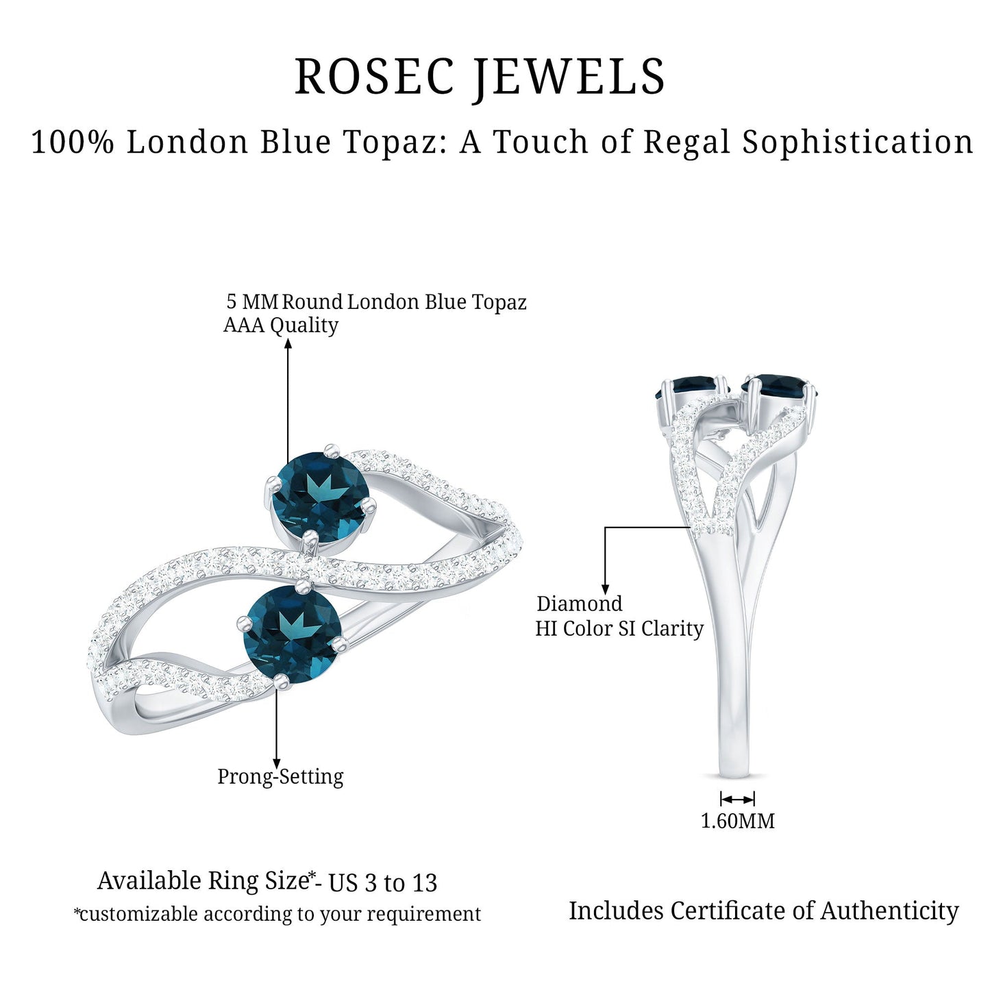 Natural London Blue Topaz 2 Stone Promise Ring with Diamond