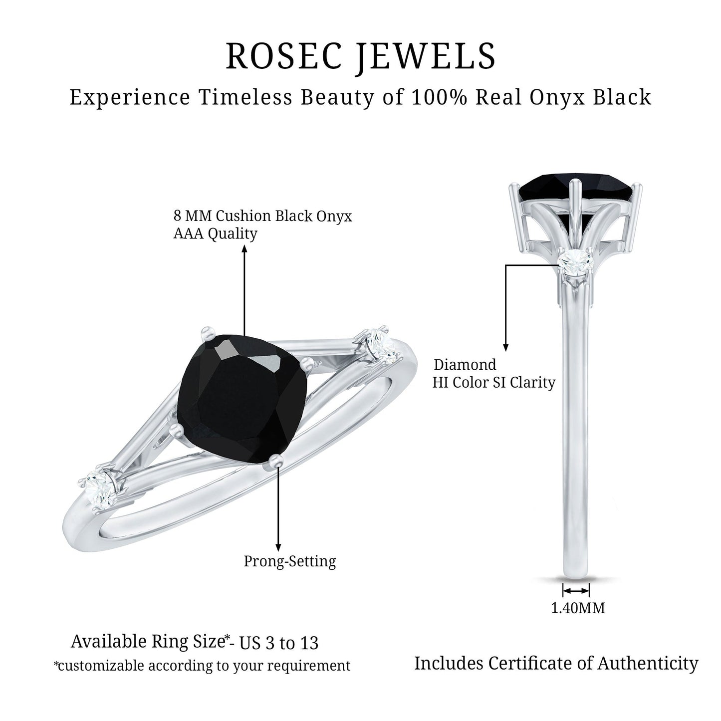 Cushion Black Onyx Split Shank Engagement Ring with Diamond