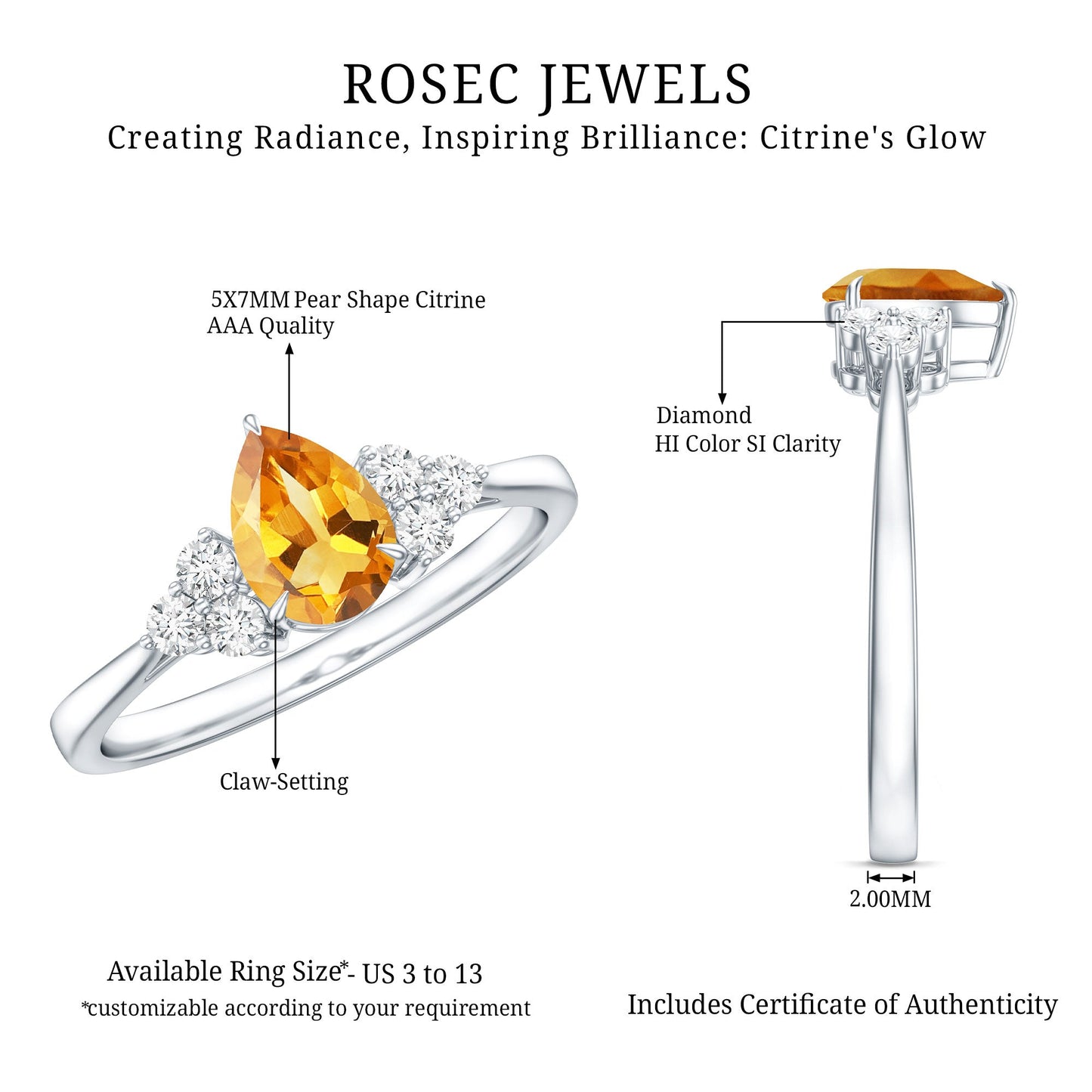 Classic Citrine Teardrop Engagement Ring with Diamond Trio