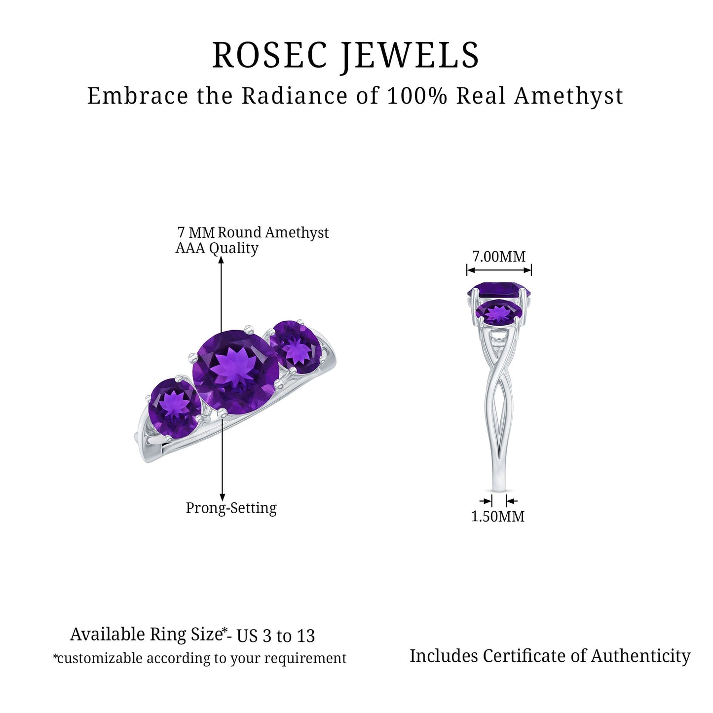 Natural Amethyst 3 Stone Engagement Ring for Women