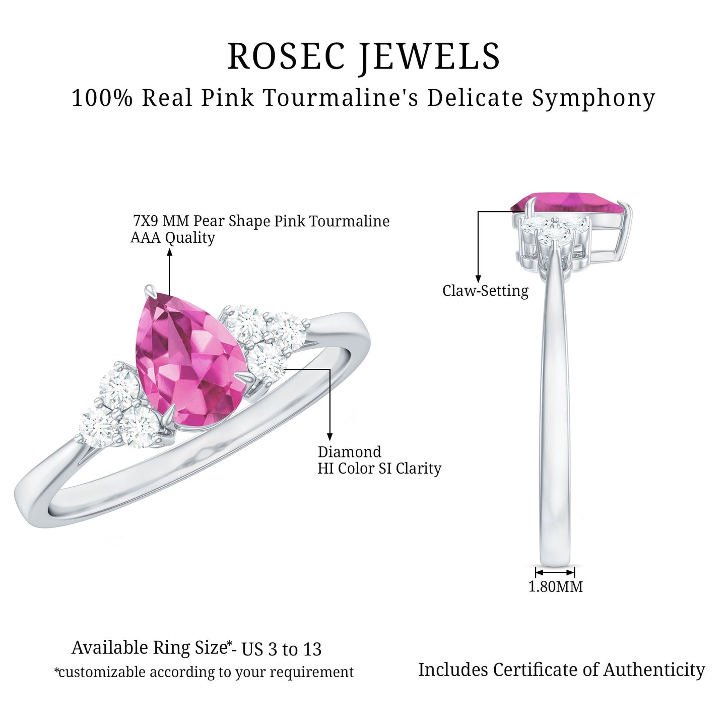 1.6 Carat Natural Pink Tourmaline Teardrop Engagement Ring with Diamond Trio