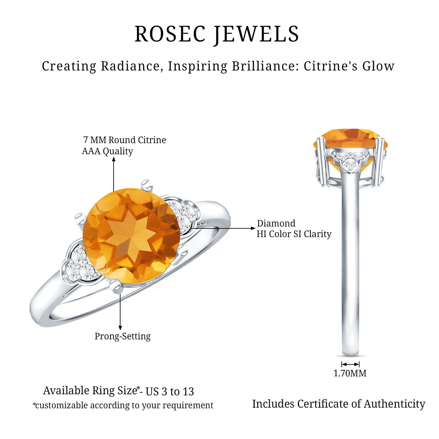 Natural 1.2 Carat Citrine Engagement Ring with Diamond Trio