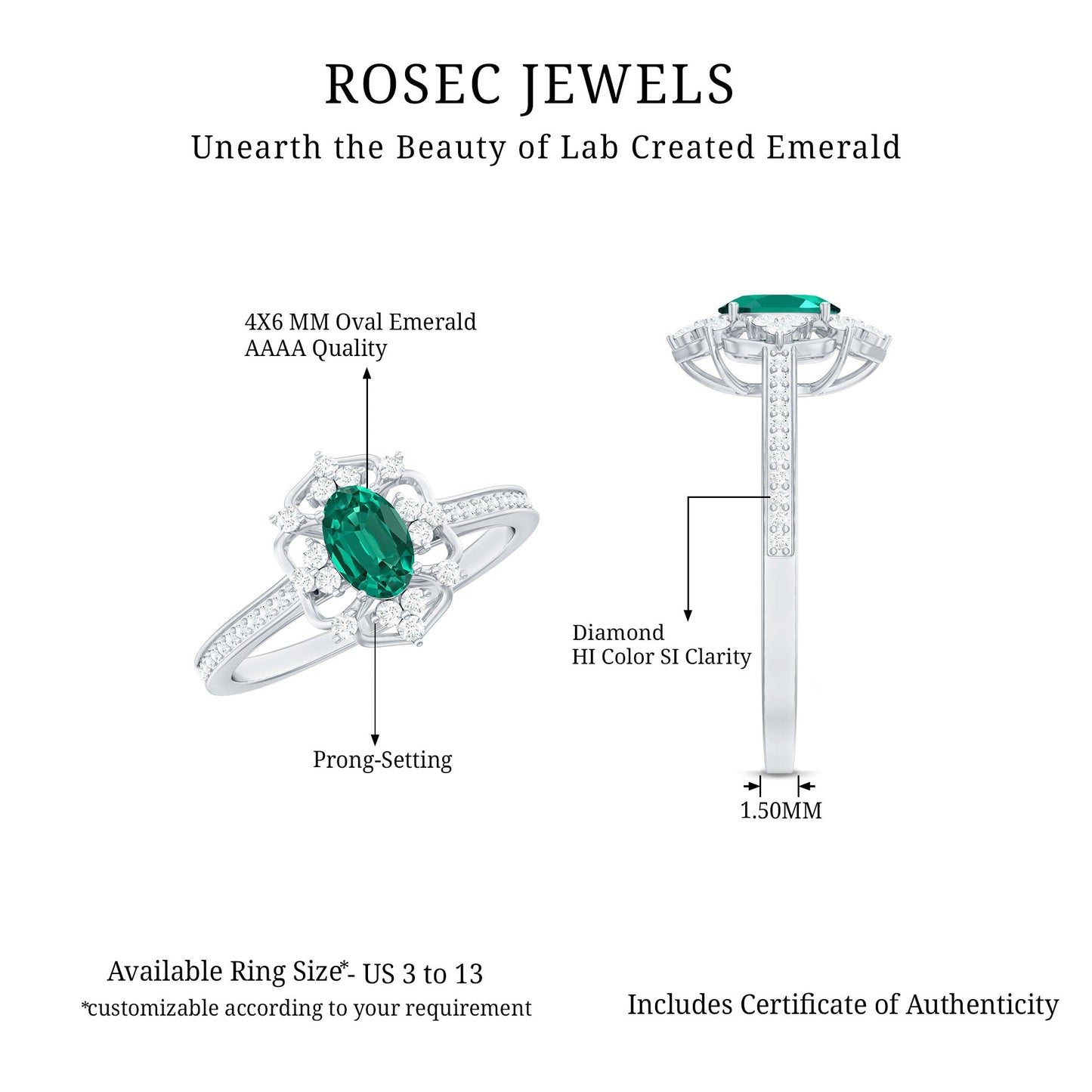 Certified Oval Lab Grown Emerald Diamond Retro Engagement Ring