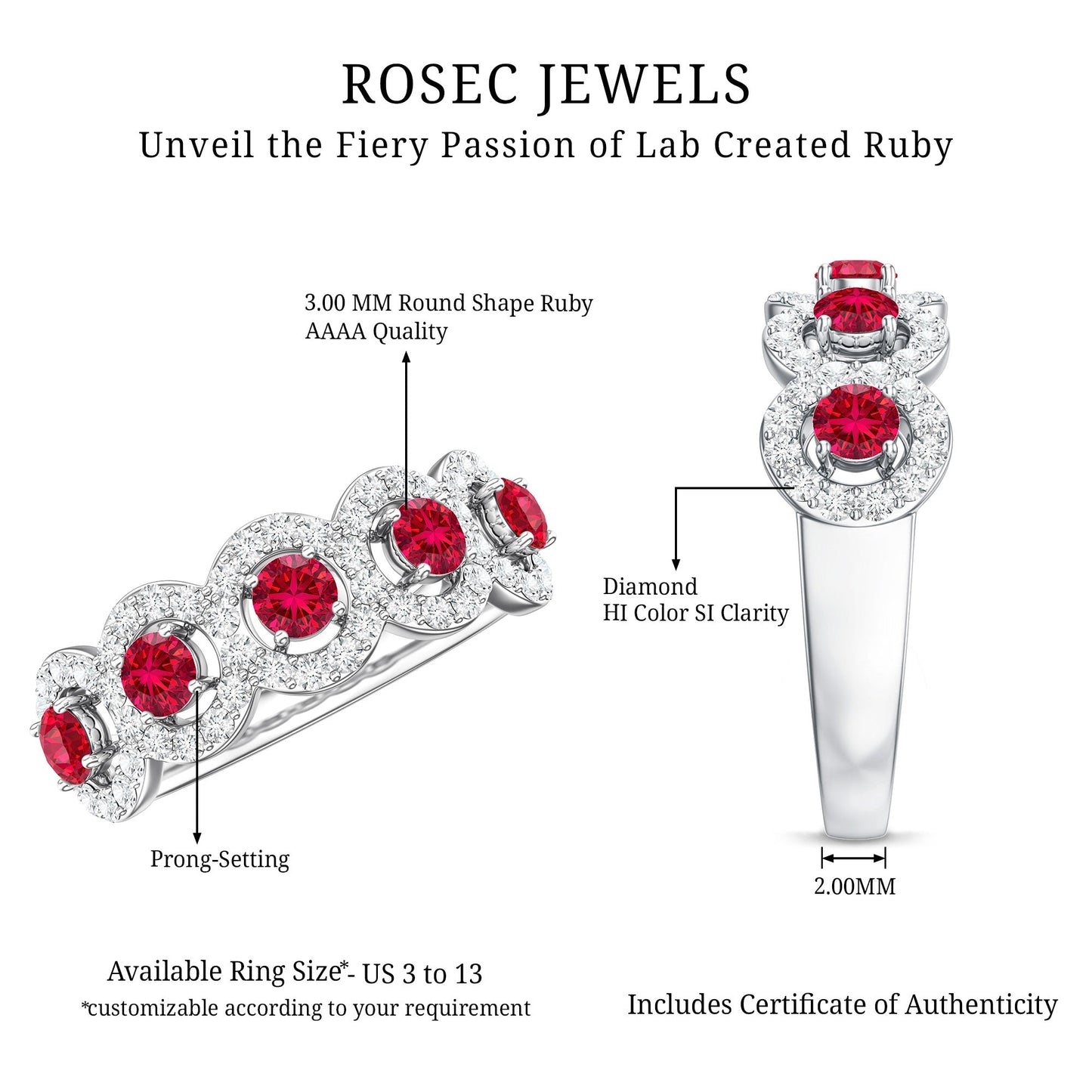 Classic Lab Grown Ruby and Diamond Halo Half Eternity Ring