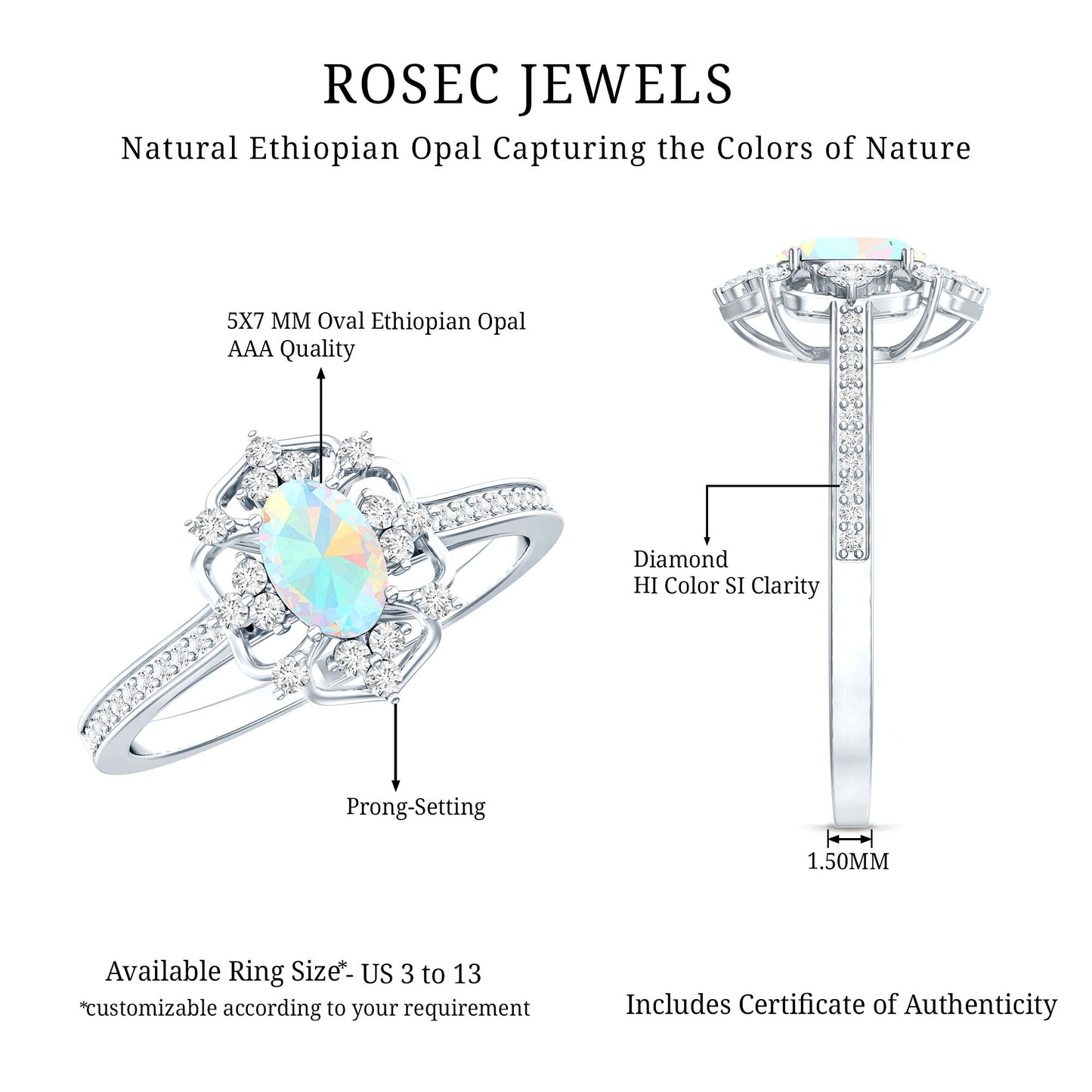 Natural Oval Ethiopian Rainbow Opal Vintage Looking Engagement Ring with Diamond